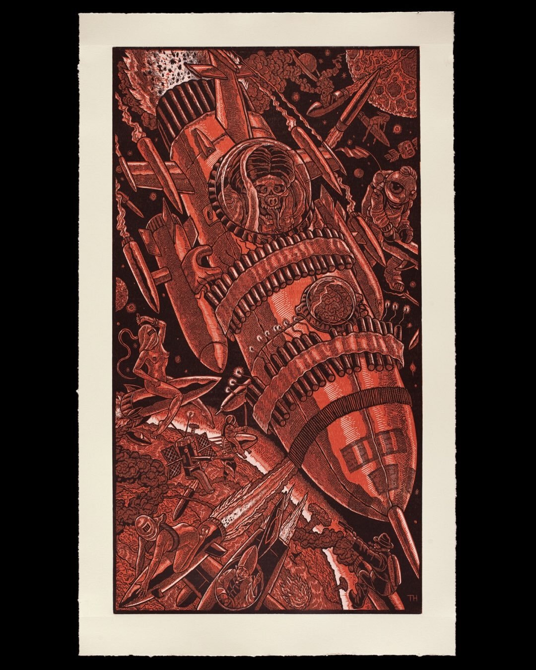 &ldquo;SCUDZ&rdquo; by Tom H&uuml;ck is a woodcut published by @tllw_prints in Kansas City, MO in 2011.  Printed by Mike Sims and Thayer Bray. &ldquo;The title of Tom Huck&rsquo;s print&mdash;Scuds&mdash;refers to a type of tactical ballistic missile