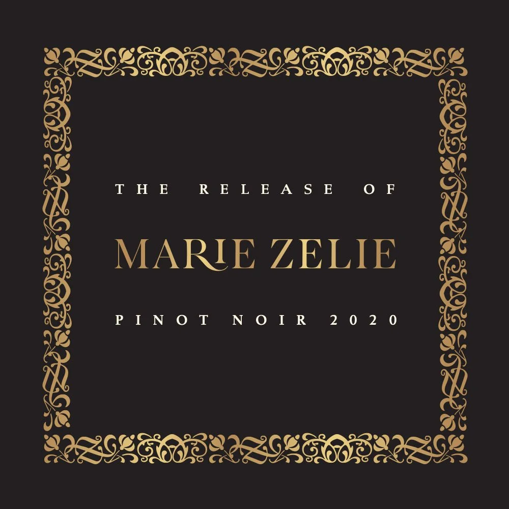 Wine label for Marie Zelie Pinot Noir 2020, featuring an ornate gold border on a black background with elegant white and gold text.