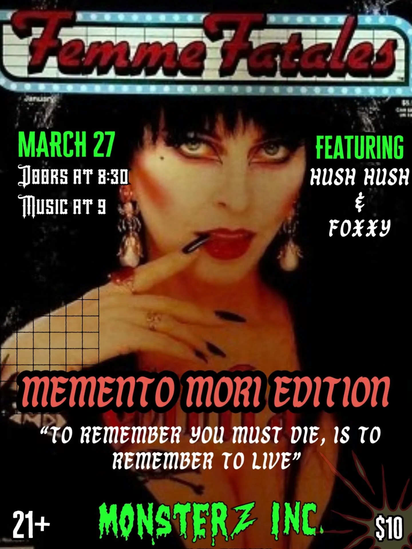 🖤⚰️ MOMENTI MORI ⚰️🖤

Pull up to Monsterz Inc and make the most of it while we&rsquo;re still here at this months FEMME FATALES, featuring LIVE BANDS 🖤

Get ready for a night of dark energy, loud music, and losing track of time ✨

🎶 Live Music
🔥