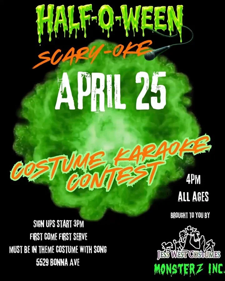 🎤👻 Scary-oke Costume Karaoke Contest 👻🎤 

Get ready to sing, slay, and scare at our Half-o-Ween celebration! 

📍 Location: 5529 Bonna Ave 
🎃 Event: Half-o-Ween by Playground Productions 

⏰ Sign-ups: First come, first serve starting at 3 PM 
🎶