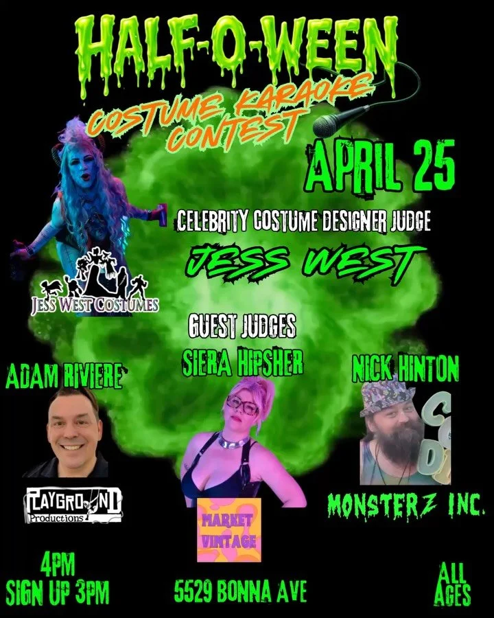 🎤👻 Scary-oke Costume Karaoke Contest 👻🎤 

Get ready to sing, slay, and scare at our Half-o-Ween celebration! 

📍 Location: 5529 Bonna Ave 
🎃 Event: Half-o-Ween by Playground Productions 

⏰ Sign-ups: First come, first serve starting at 3 PM 
🎶