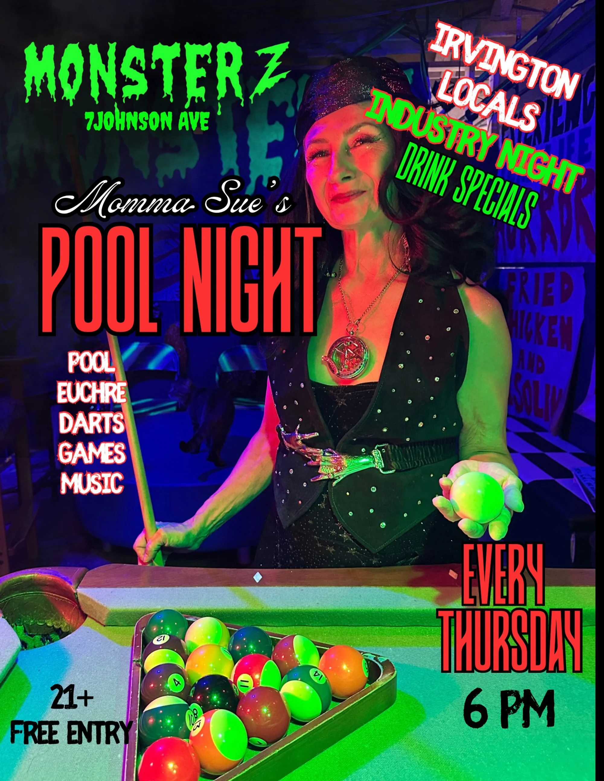 🚨INDUSTRY THURSDAYS! COME SEE US AFTER WORK IRVINGTON🚨Famous Momma Sue&rsquo;s Pool Night! 🎱
We&rsquo;re calling all neighbors EVERY THURSDAY Locals Night at Monsterz Inc.
🍻 Join us starting at 6 PM for an evening of friendly competition, cold dr