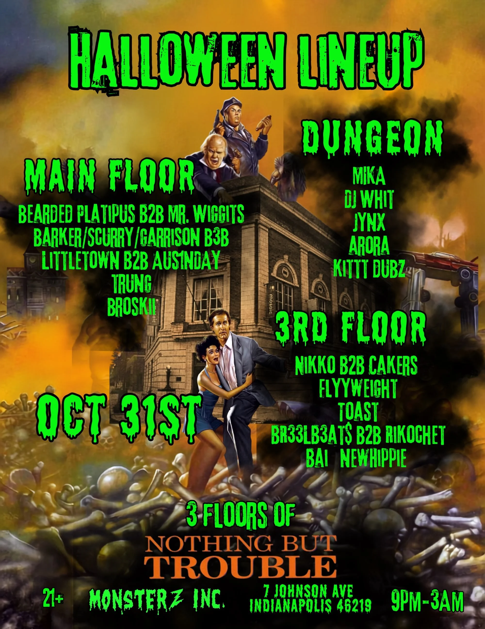 ‼️HALLOWEEN TICKETS ARE LIVE ‼️
Get ready for 3 FLOORS OF NOTHING BUT TROUBLE! 

🎧OVER 20 DJs- 3 FLOORS OF MUSIC (see below)
🎨HANDMADE ART INSTALLATIONS
🧟&zwj;♀️THE PLACE TO BE OVER 500 GUESTS LAST YEAR
🌭FOOD &amp; DRINKS
🍾VIP SECTIONS
👻🏆COSTU