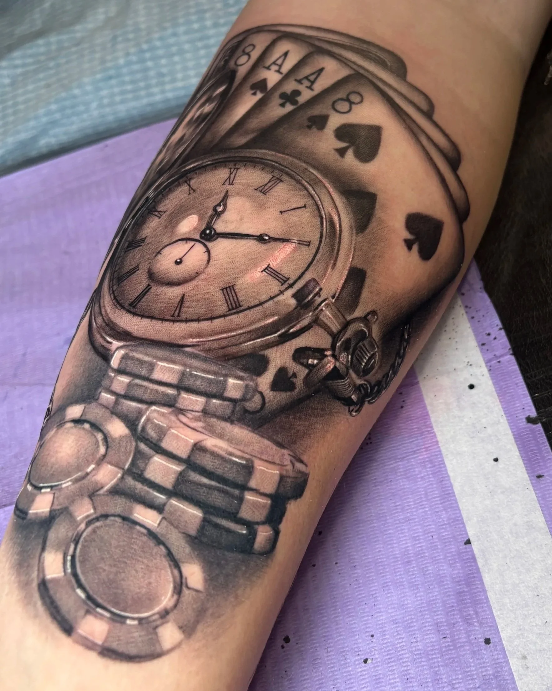 Poker Playing Cards Black and Grey Realism Tattoo by Jeff Beck