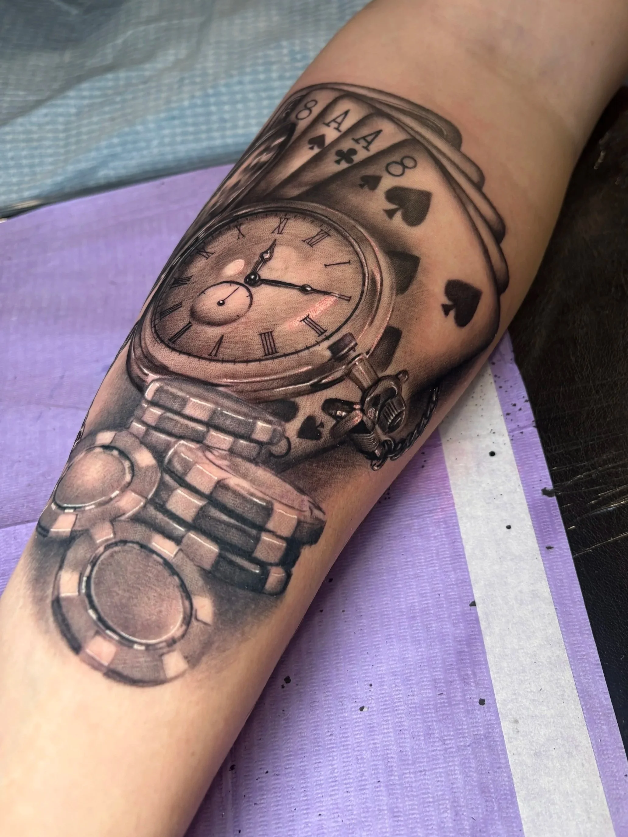 Black and grey realism Poker tattoo by Jeff Beck