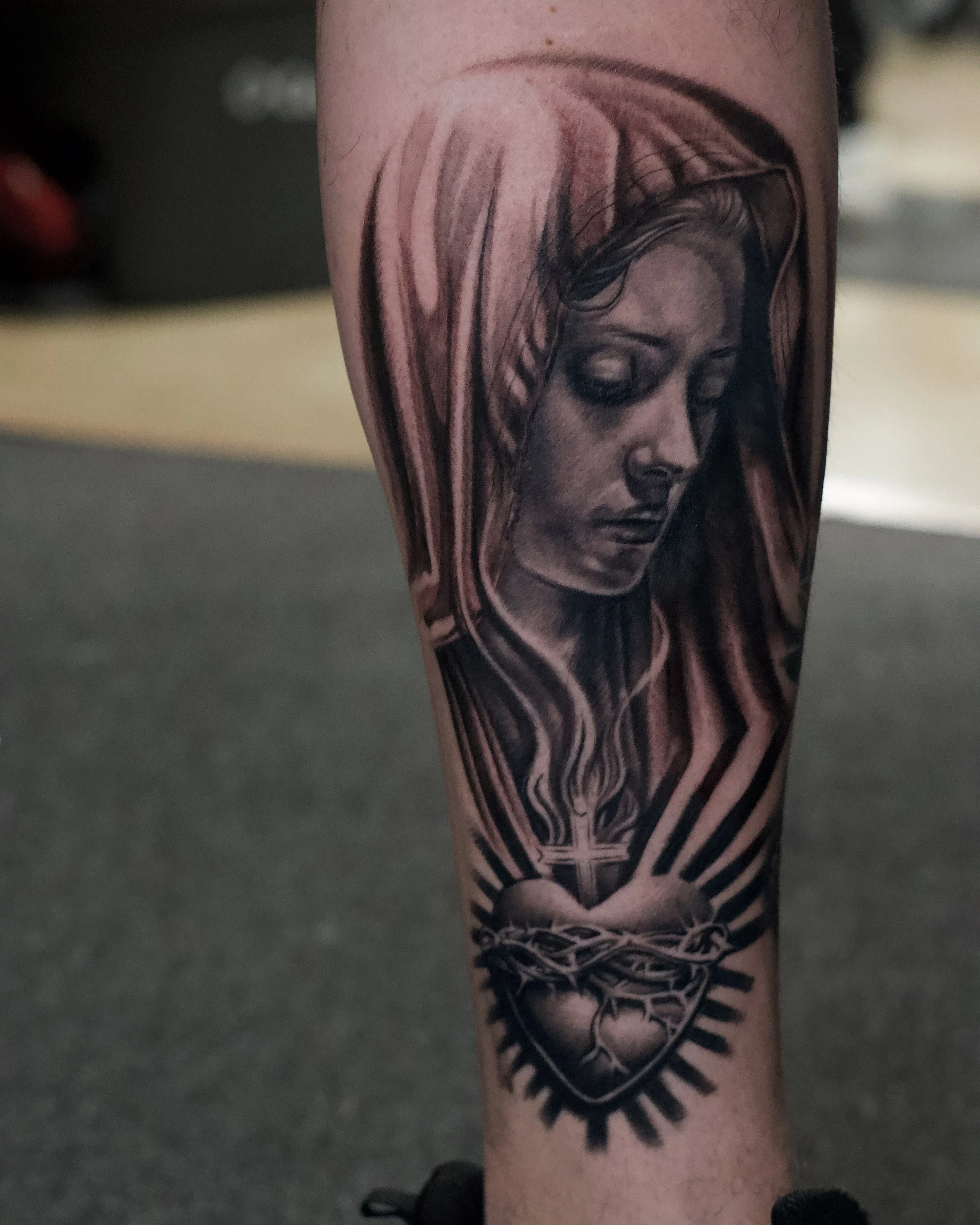 Mother Mary black and grey realism portrait by Jeff Beck