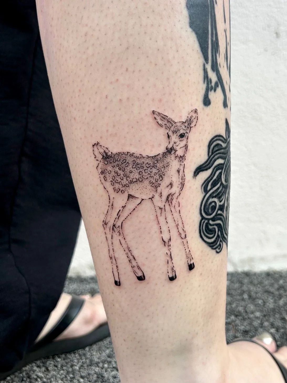 Fine line deer tattoo by Nicole Cosner