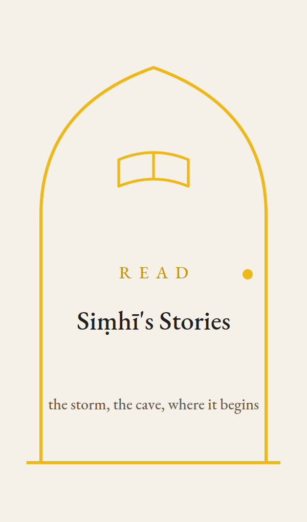 Book cover titled "Simhí’s Stories" with subtitle "the storm, the cave, where it begins" and an open window icon at the top, inside an arched outline, in gold and black on a cream background.