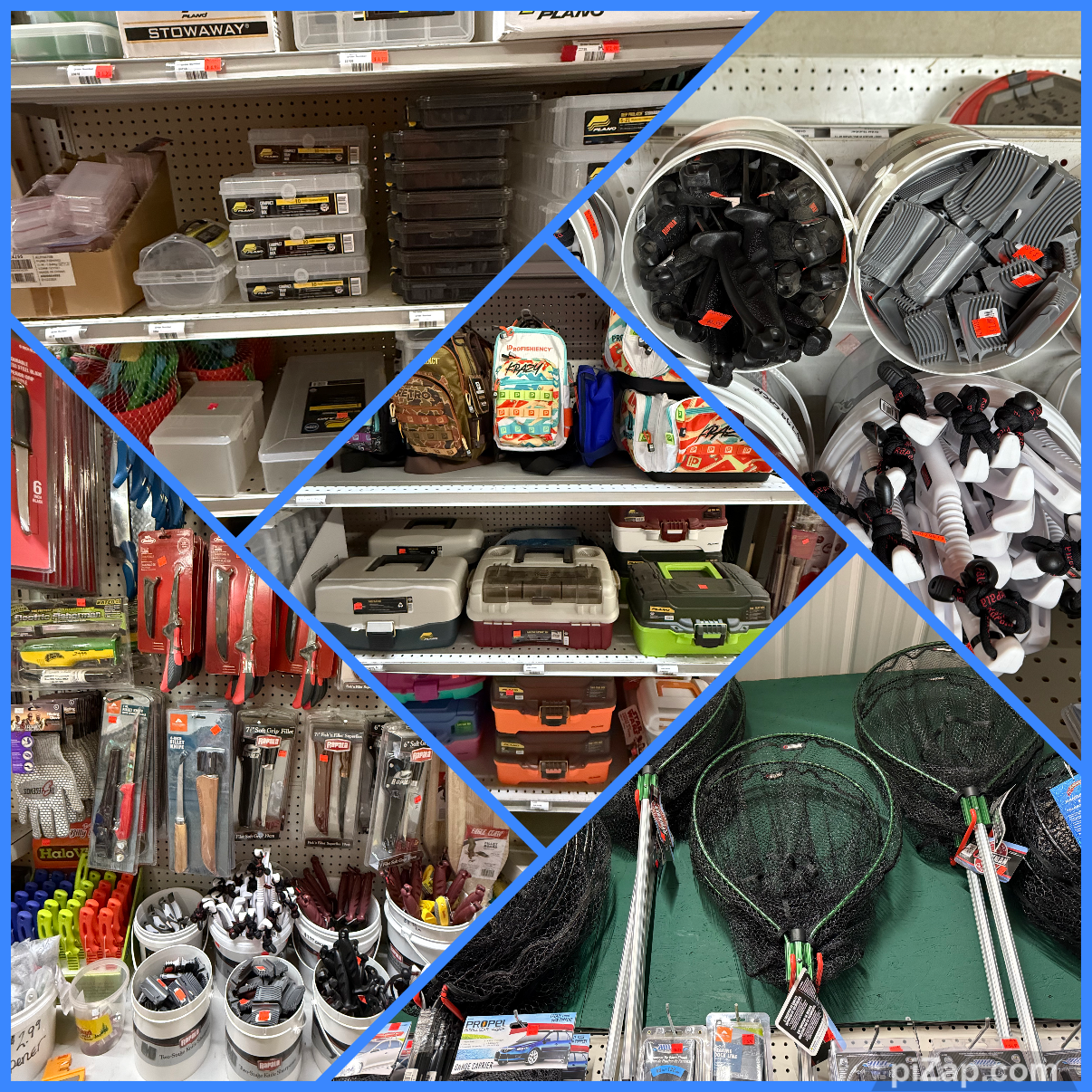 A store display with organized tools and hardware, including drill bits, screwdrivers, power tools, baskets of small hardware, and fishing gear such as nets.