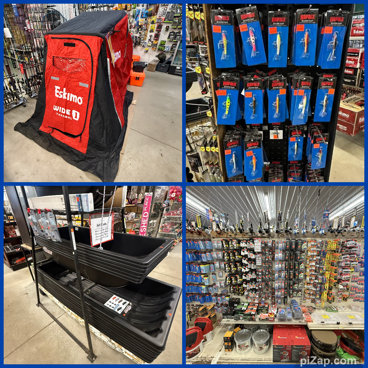 Four images of outdoor and fishing gear in a store, including a red Estimo insulated tent, selection of fishing lures from Rapala, black plastic bathtubs on a metal stand, and a wall of various small hardware tools and accessories.