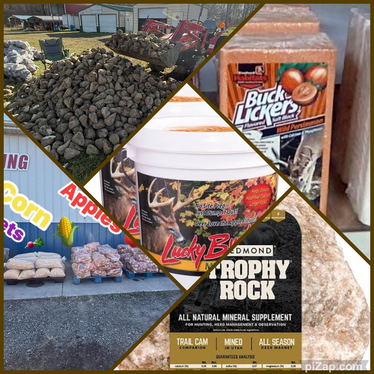 Collection of outdoor and indoor items including a pile of rocks, a box of Buck Licker, deer attractant, and mineral supplement for deer.