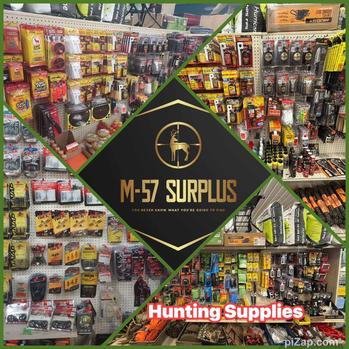 Collage of hunting supplies including arrowheads, sprays, targets, knives, and accessories, with a central logo for M-57 Surplus and the words 'Hunting Supplies' at the bottom.