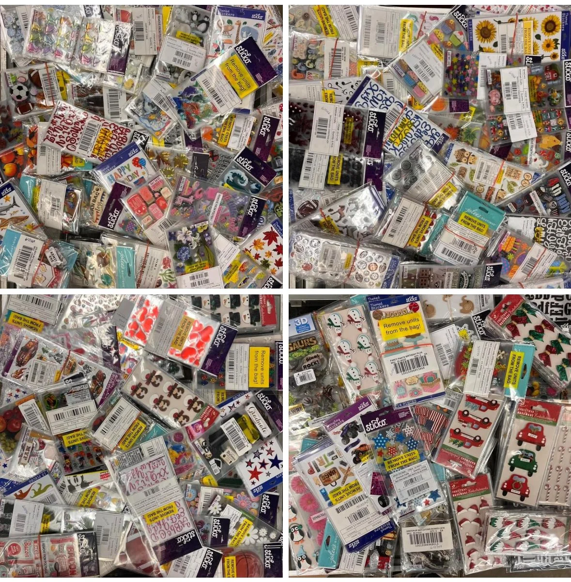 A collage of four images showing numerous small packs of decorative stickers with various themes including Christmas, birthdays, animals, snowmen, and holidays.