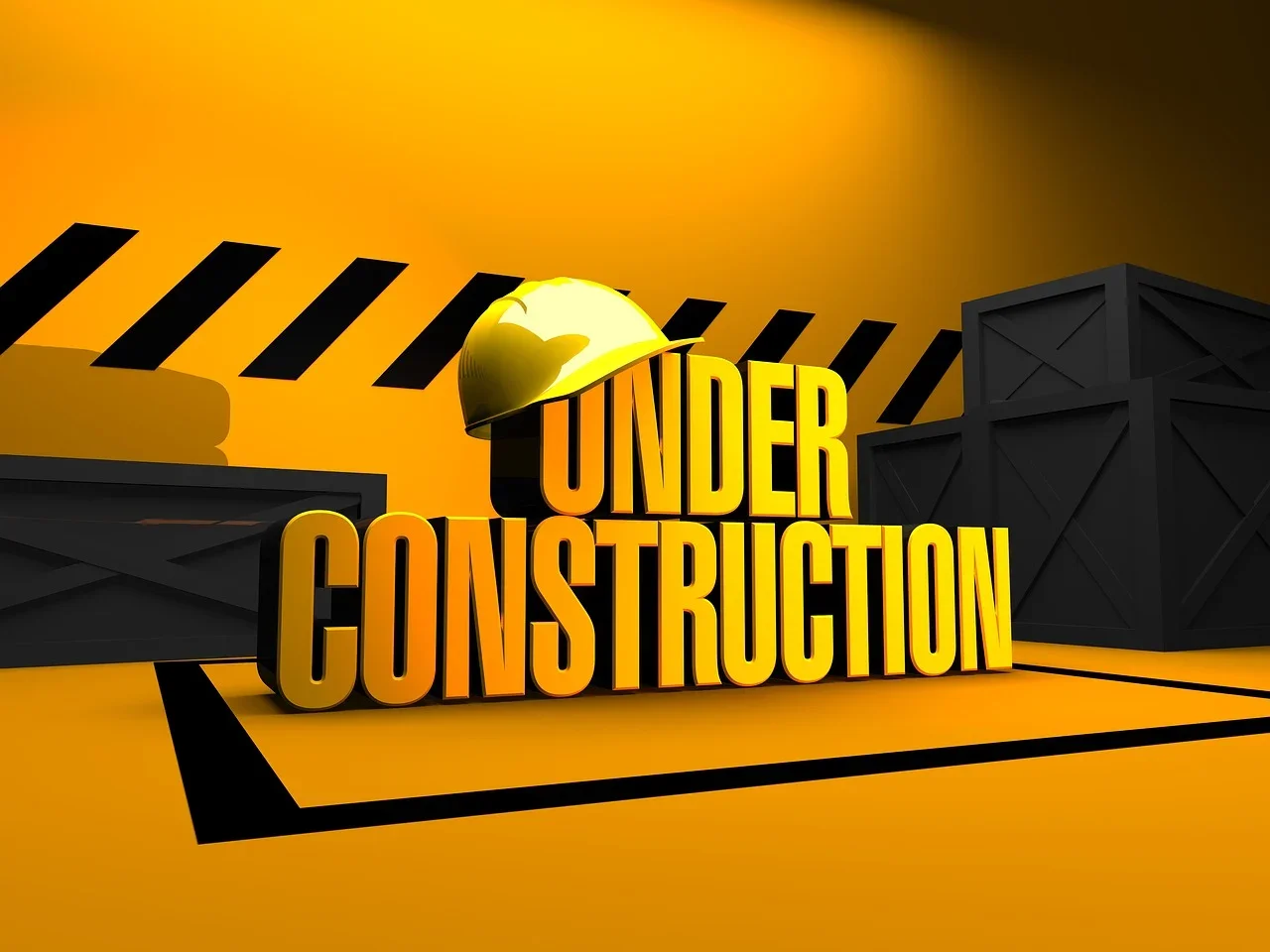 Graphic image with yellow and black colors, featuring the phrase "Under Construction" in large yellow letters, a yellow construction helmet, and black crates in the background.