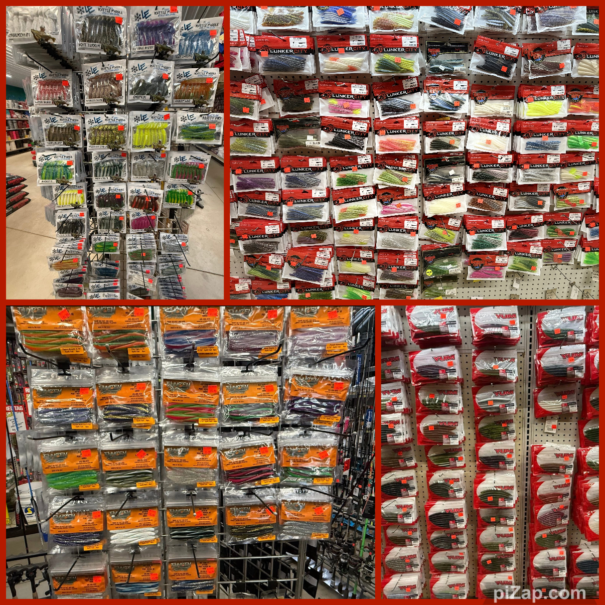 Display of fishing soft plastic lures in a store, arranged in clear plastic packages with various colors and sizes.