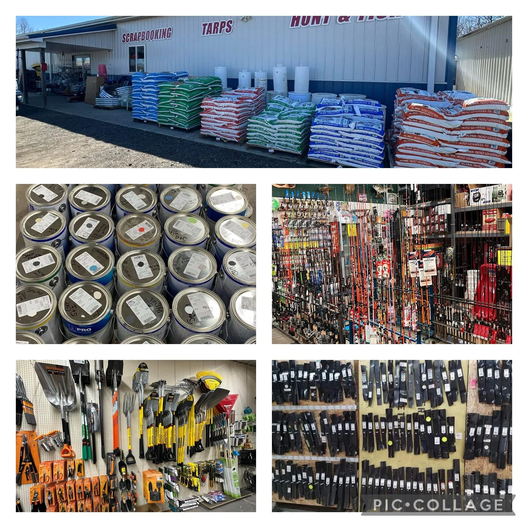 Multiple images of a hardware and outdoor store. The top image shows large bags of charcoal and paper towels outside the store. The second row shows cans of paint and a display of fishing rods. The third row shows garden tools such as shovels, rakes, and hoes. The bottom right shows black hardware items hanging on display. The bottom left shows other hand tools including saws, scissors, and tape measures.