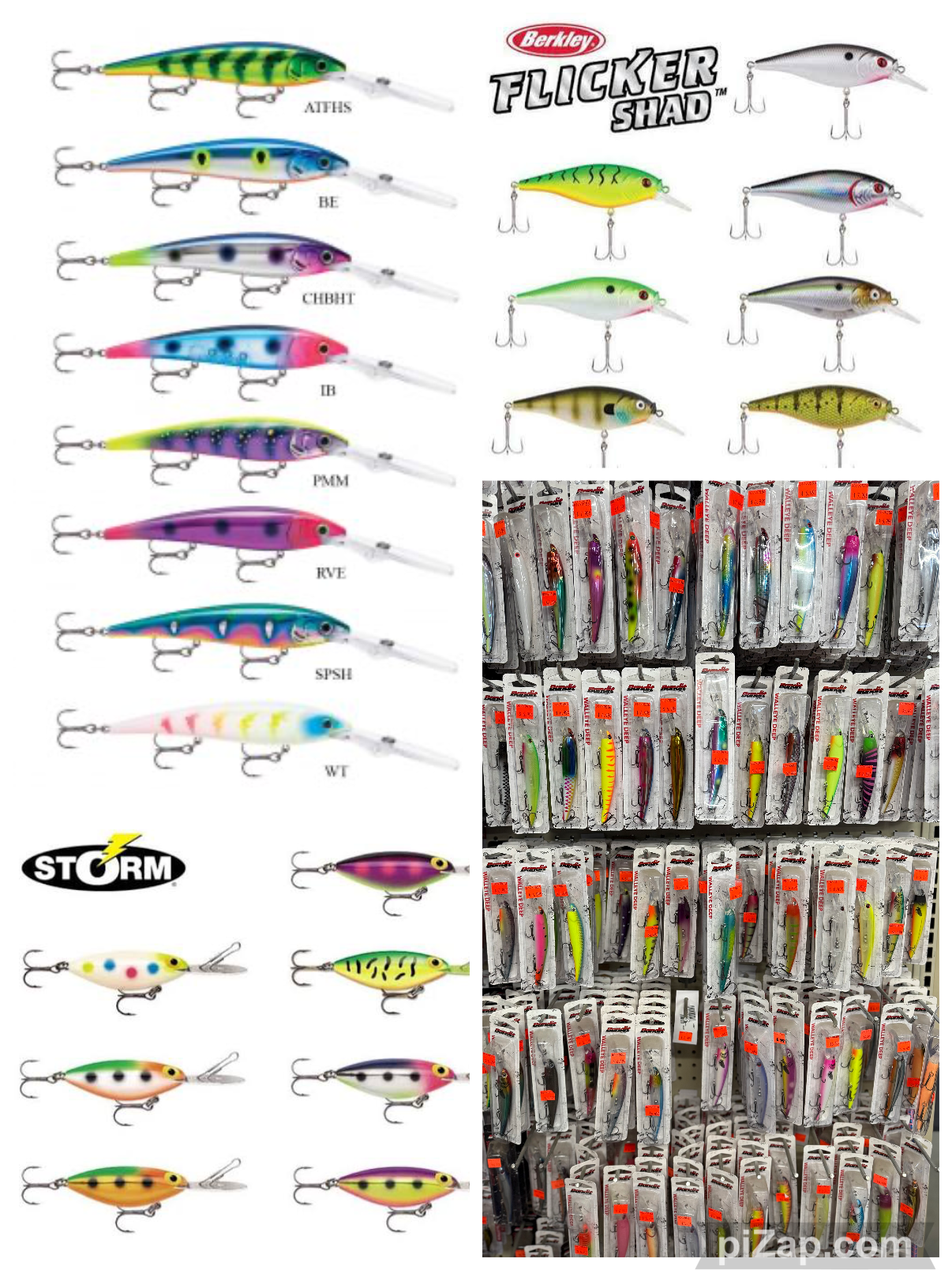 Display of various fishing lures, including images of specific lure models on the left and a store shelf with packaged lures on the right.