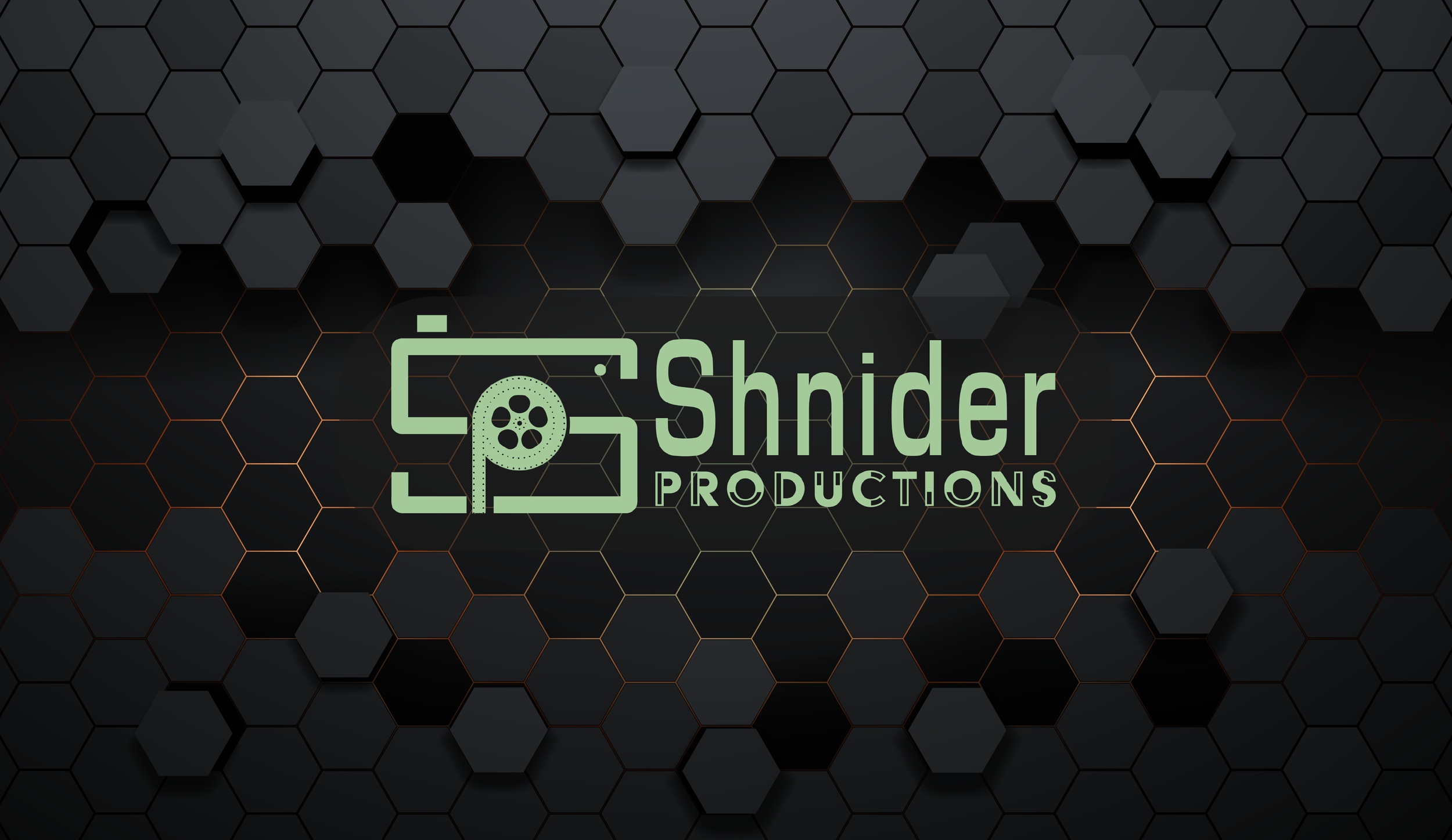 The image displays a dark background with a hexagonal pattern, and a green logo in the center that includes a stylized film camera icon and the text 'Shnider Productions'.