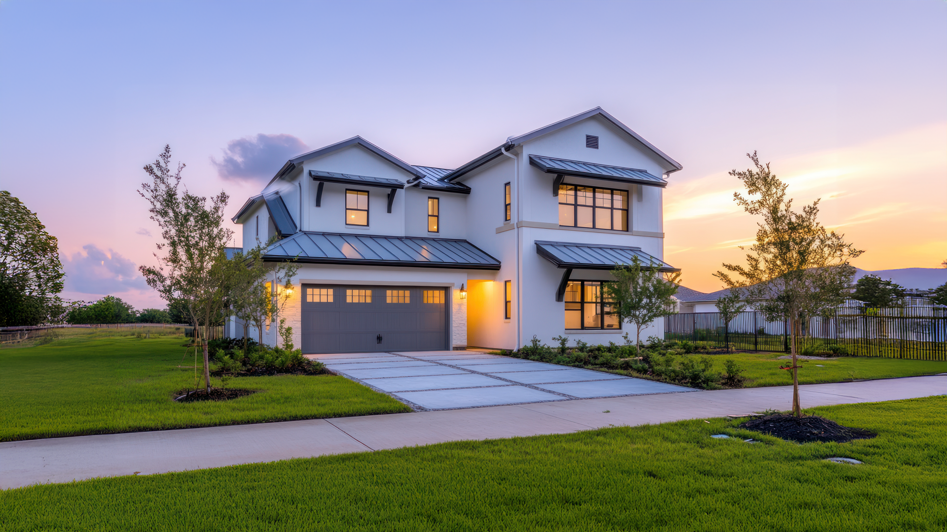 Modern two-story house with white exterior, black metal roof, large windows, and a two-car garage, surrounded by landscaped lawn and young trees at sunset.
