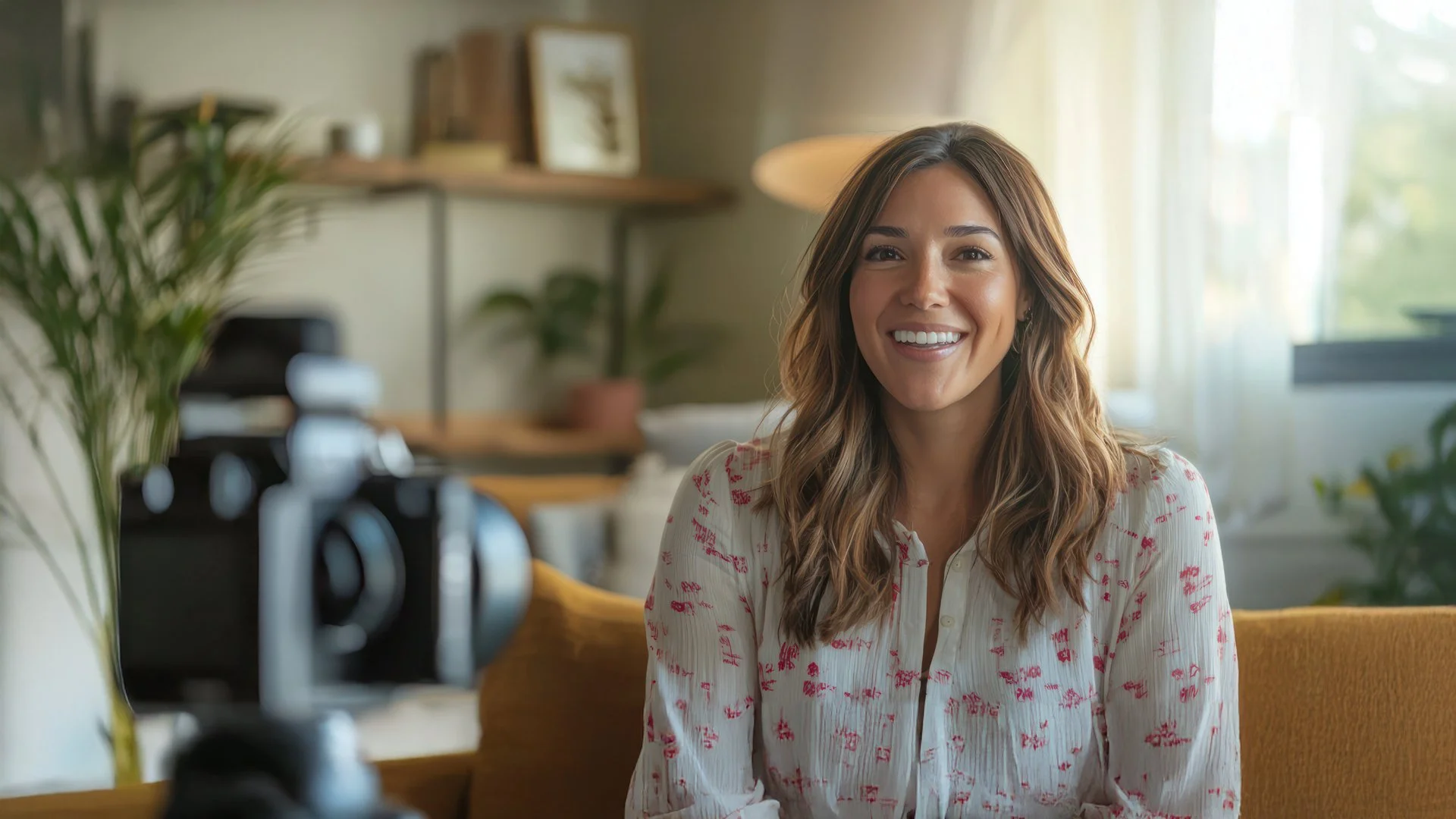 A woman with long wavy brown hair smiling at the camera in a well-lit living room, with a camera on a tripod in the foreground.