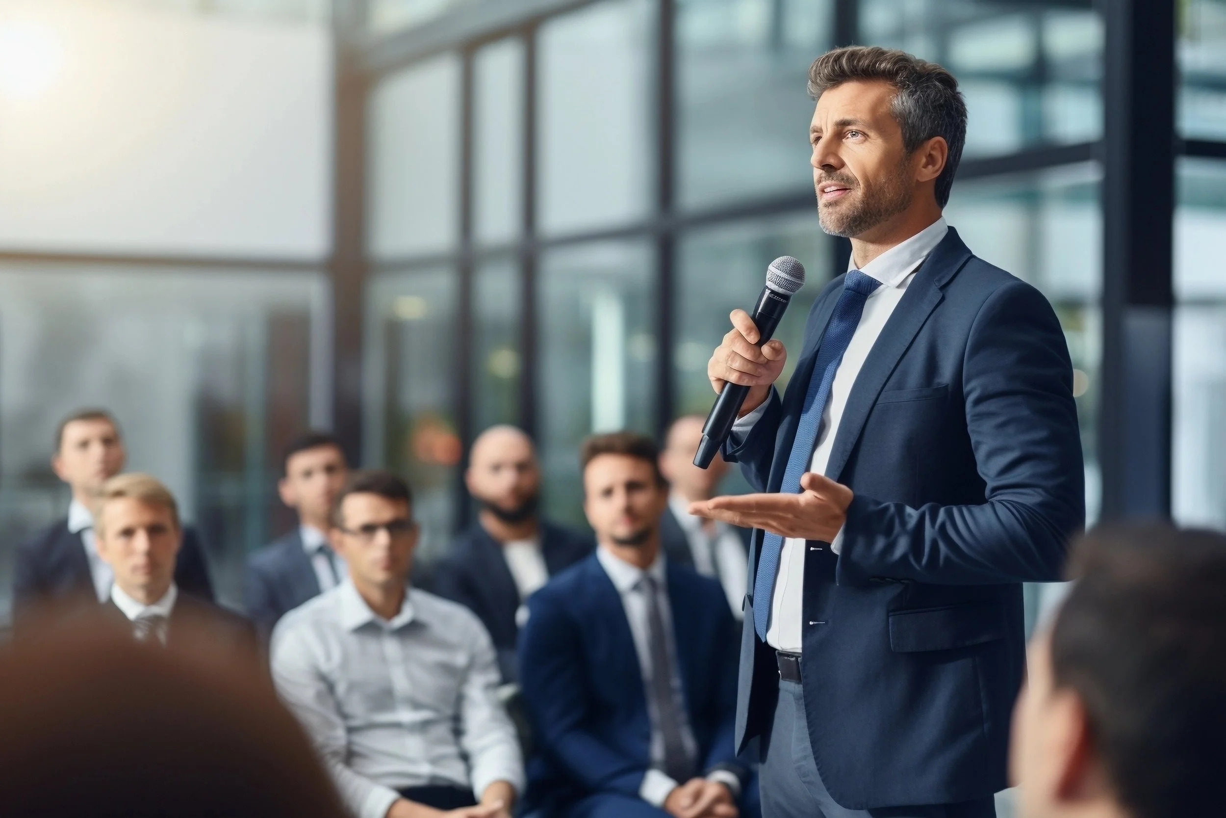 A man in a suit giving a presentation with a microphone to an audience in a modern conference room.