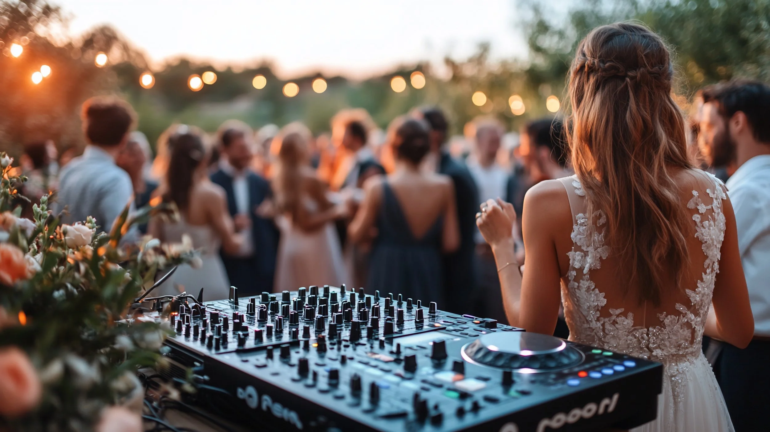 A DJ playing music at an outdoor wedding reception during sunset, with a crowd of guests dancing and socializing in the background.