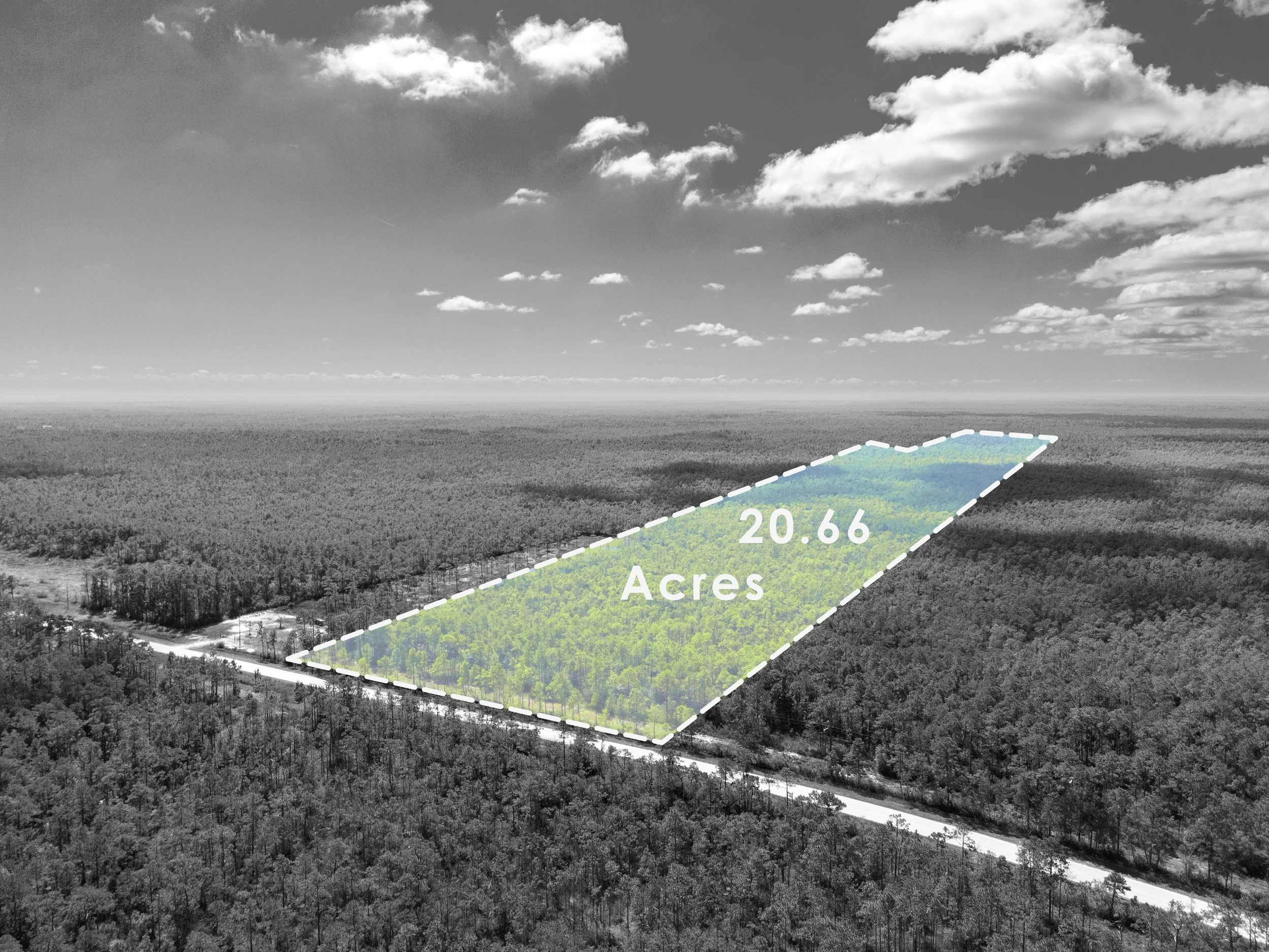 A black and white aerial view of a forested landscape with a plotted section of land highlighted in green, labeled as 20.66 acres, with a dashed boundary line and a road at the bottom of the plot.