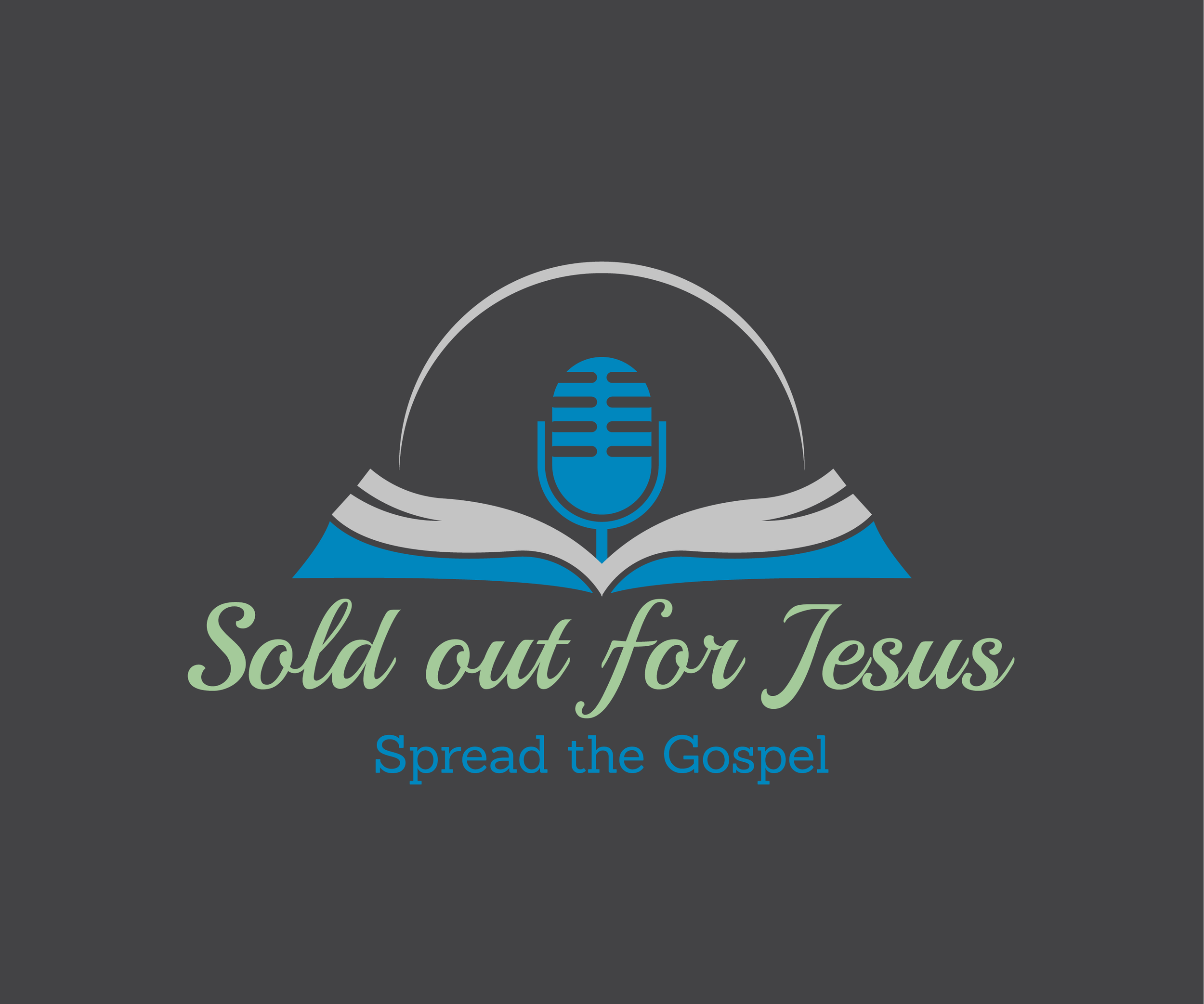 Logo with open book, microphone, and a gray arc, and text reading "Sold out for Jesus" and "Spread the Gospel" on a dark gray background.