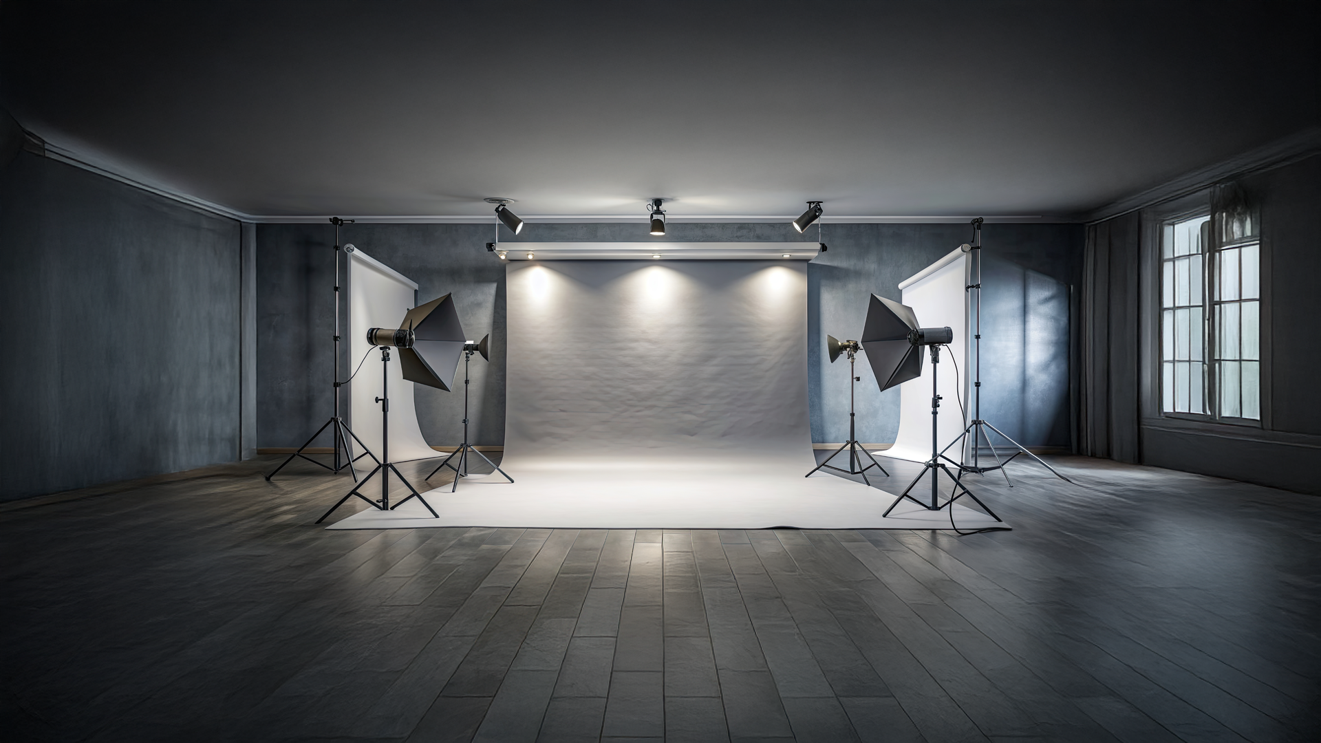 Empty photography studio with white backdrop, three studio lights, and two softbox umbrellas, located in a large room with wooden floors and windows with curtains.