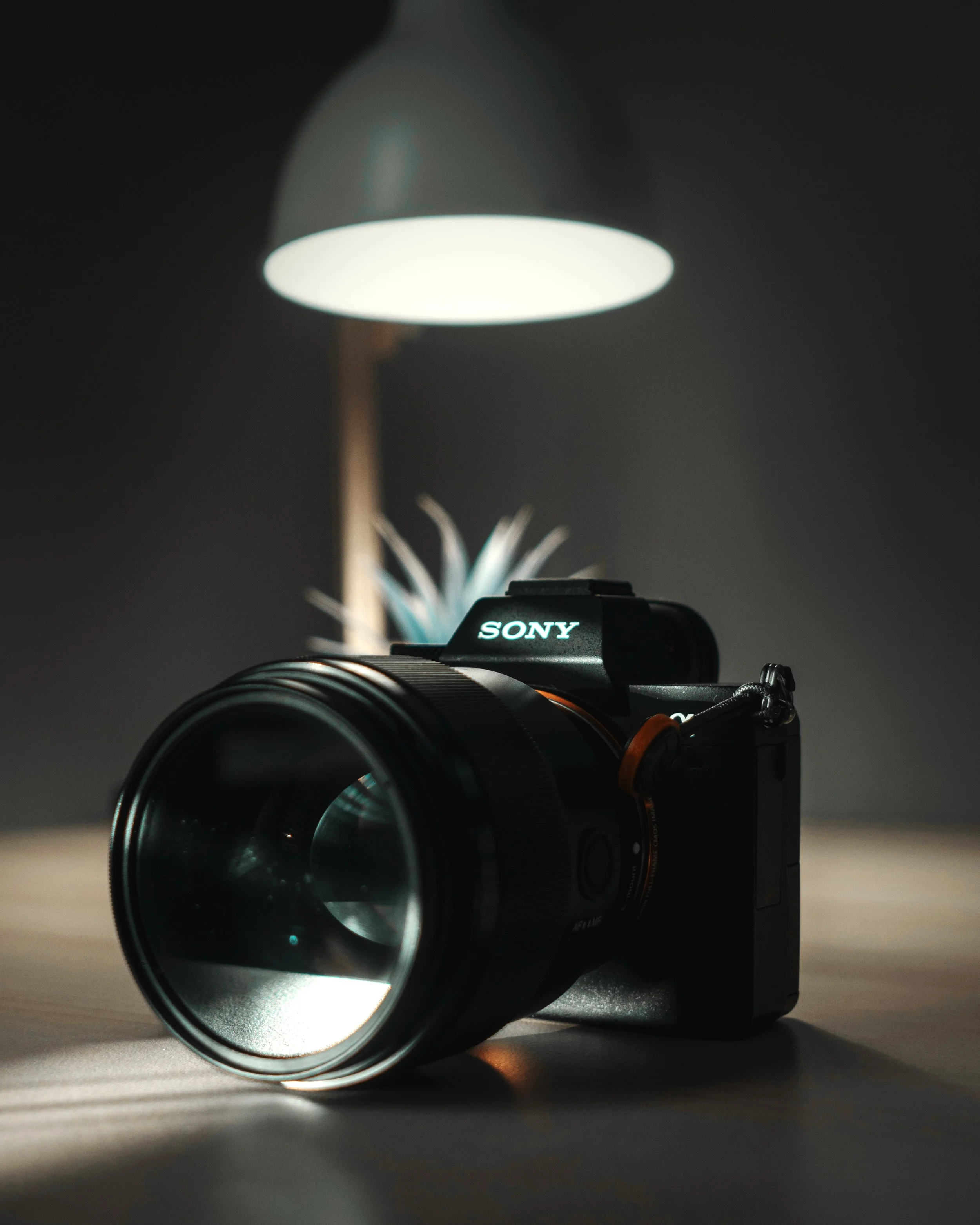 A Sony digital camera with a large lens sitting on a wooden surface in front of a white lamp casting light.