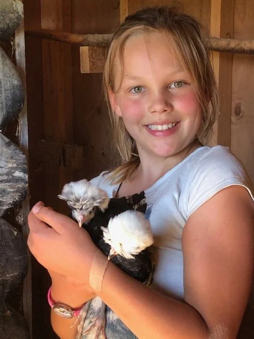 A smiling young girl with blonde hair holds a fluffy black and white chicken inside a wooden coop.