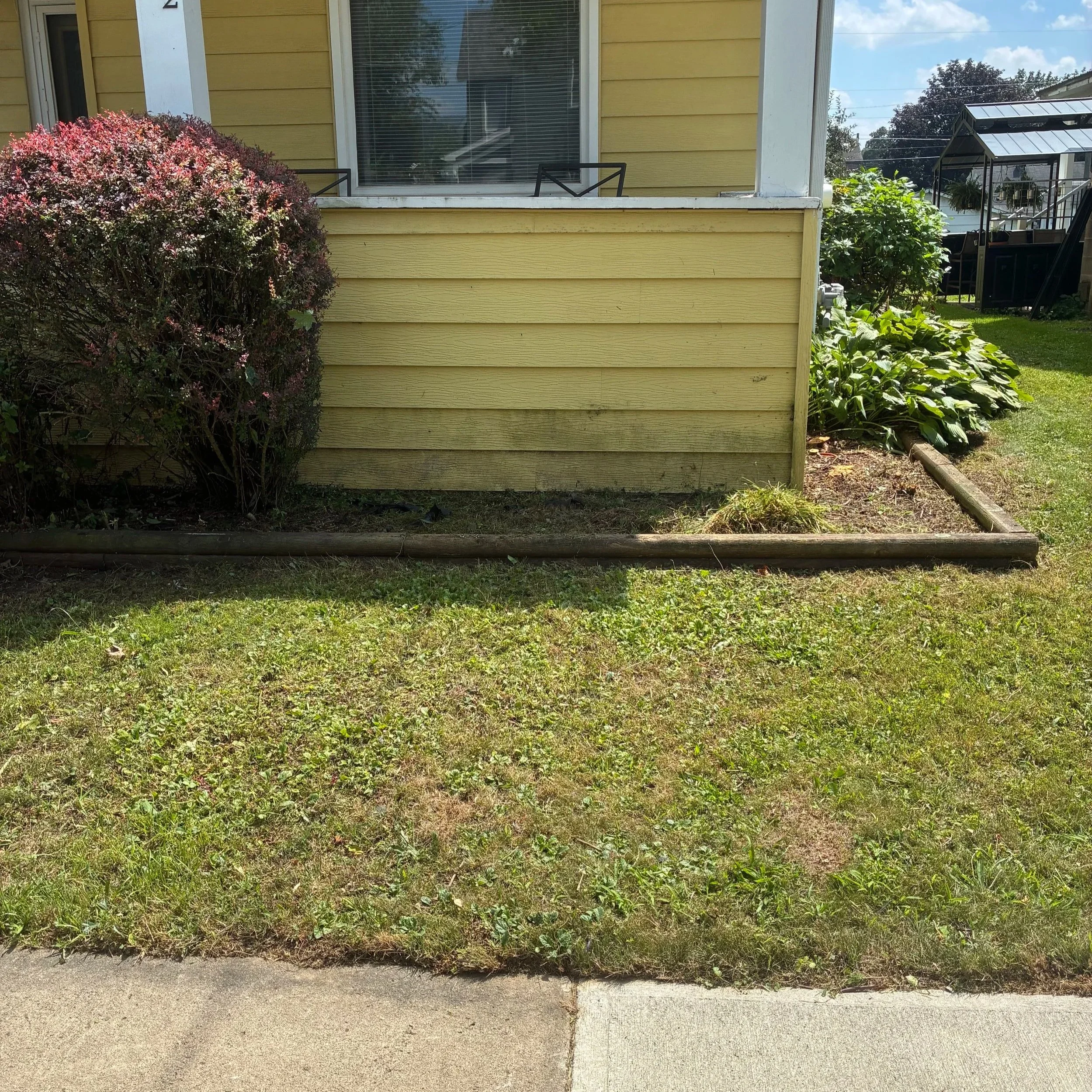 View of the side of a yellow house with a window, bush, and garden, next to a sidewalk with grass.