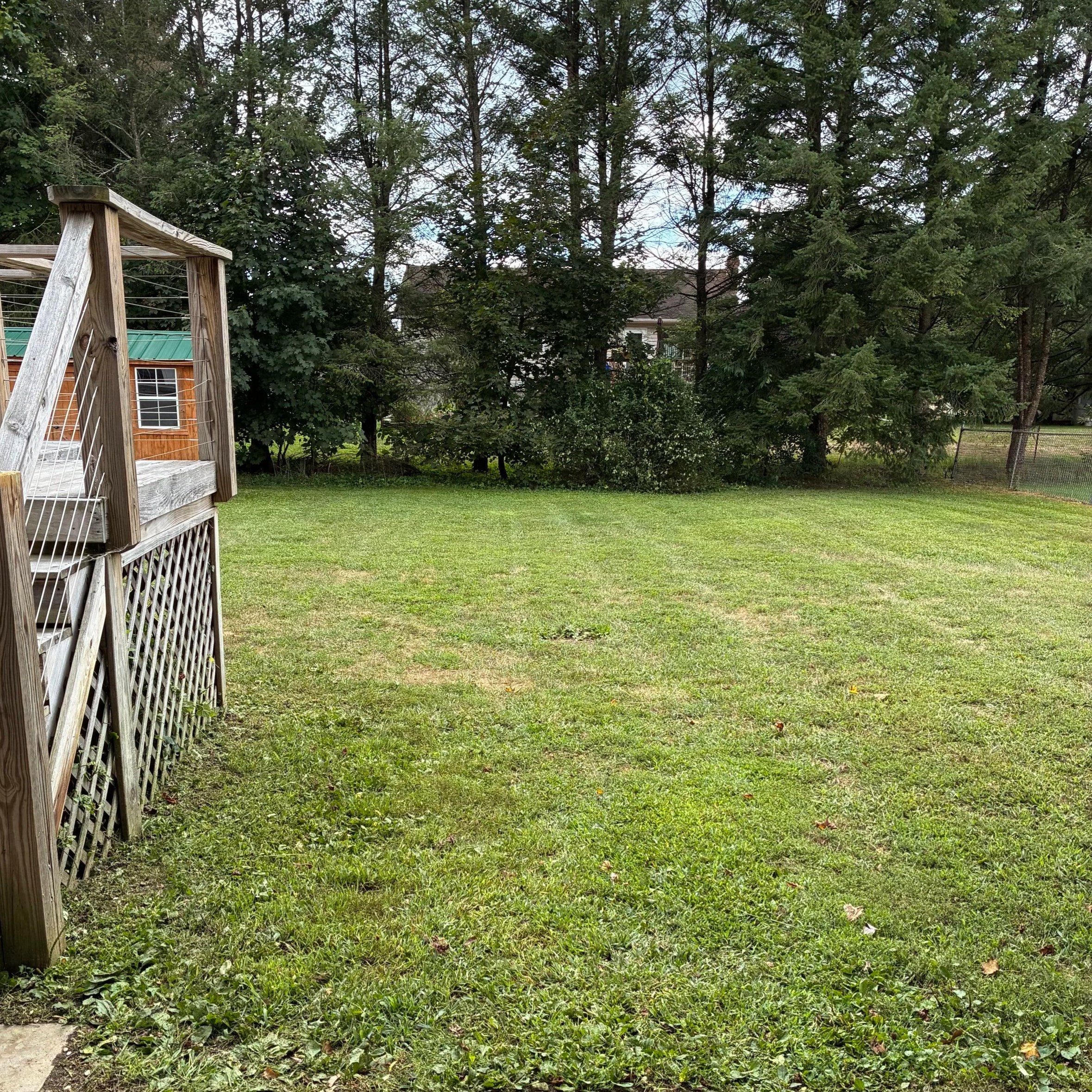 A backyard with green grass, trees in the background, and a wooden deck on the left side.