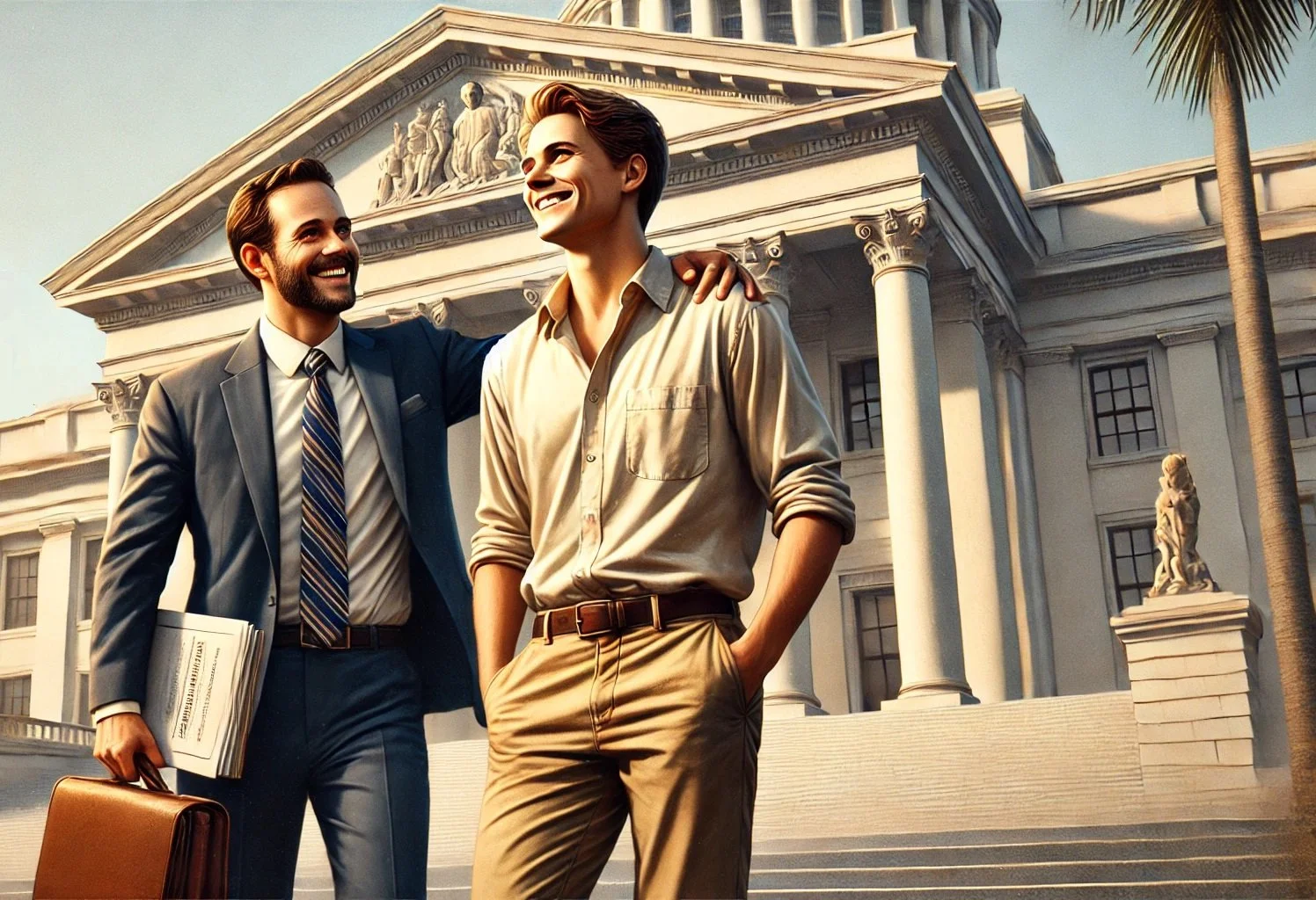 Two young men smiling and talking outside the White House, with the man on the left in a suit holding books and a briefcase, and the man on the right in a beige shirt with his hand on the other's shoulder.