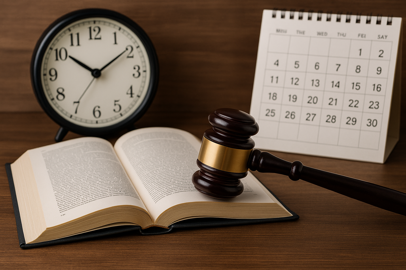 A courtroom scene with a gavel resting on an open book, a black analog clock showing 10:09, and a calendar displaying the month of February.