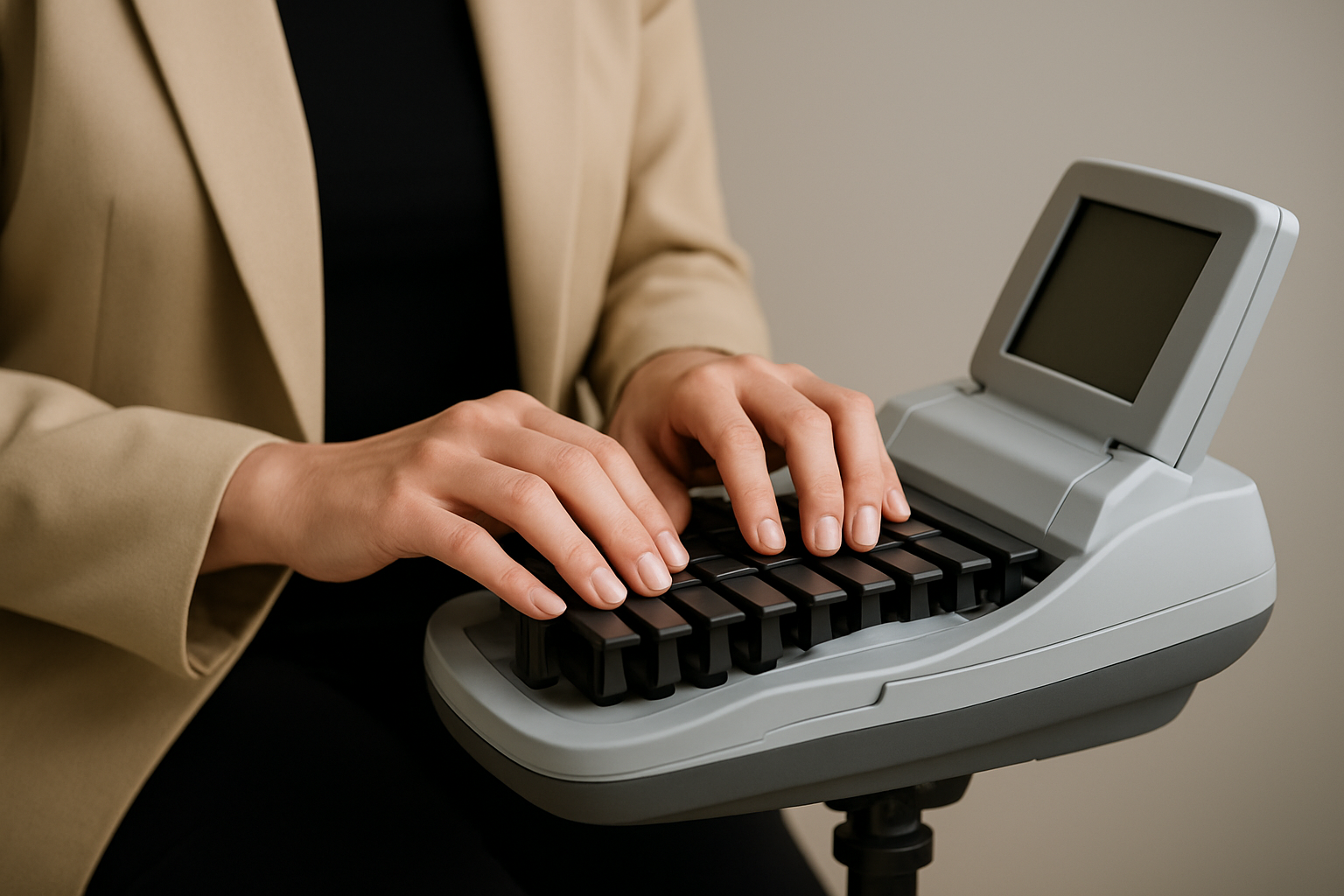 Person wearing a beige blazer typing on a compact electronic keyboard with a small screen.