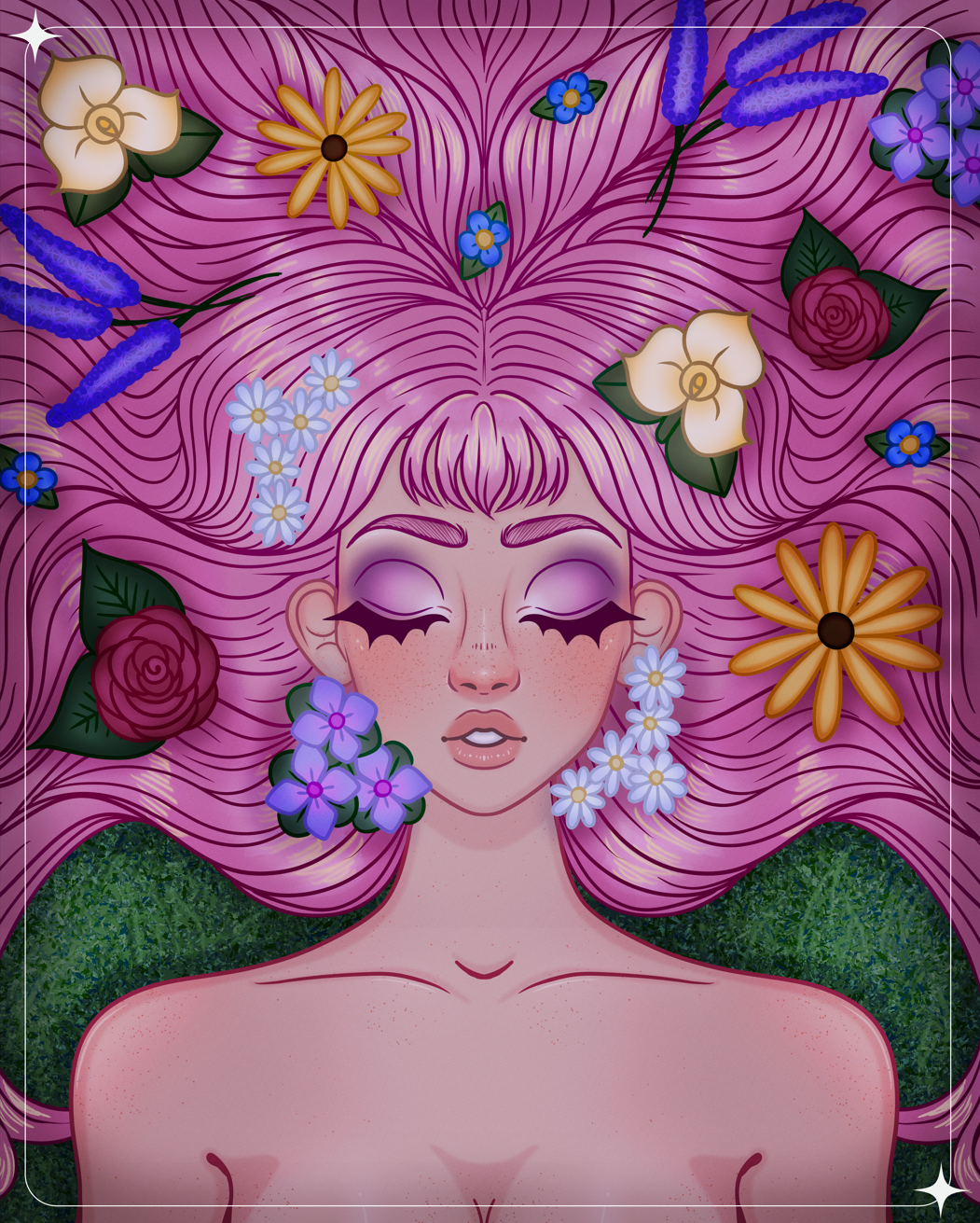 A girl with pink hair lying in the grass with a variety of flowers in her hair