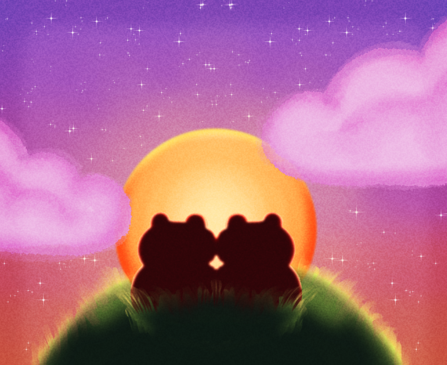 Two frogs watching a sunset