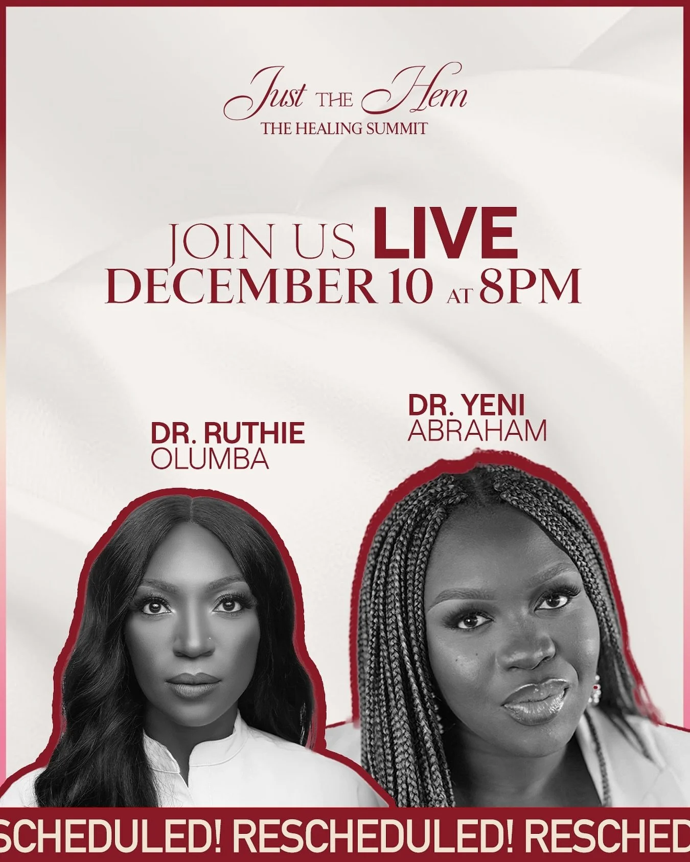 ‼️TODAY&rsquo;s LIVE HAS BEEN RESCHEDULED‼️

🎙️Join us here on instagram LIVE on Dec 10th at 8pm with @dryeni_ and @i.am.dr.ruthie 

Set your reminders and see you next week on LIVE! 🔔