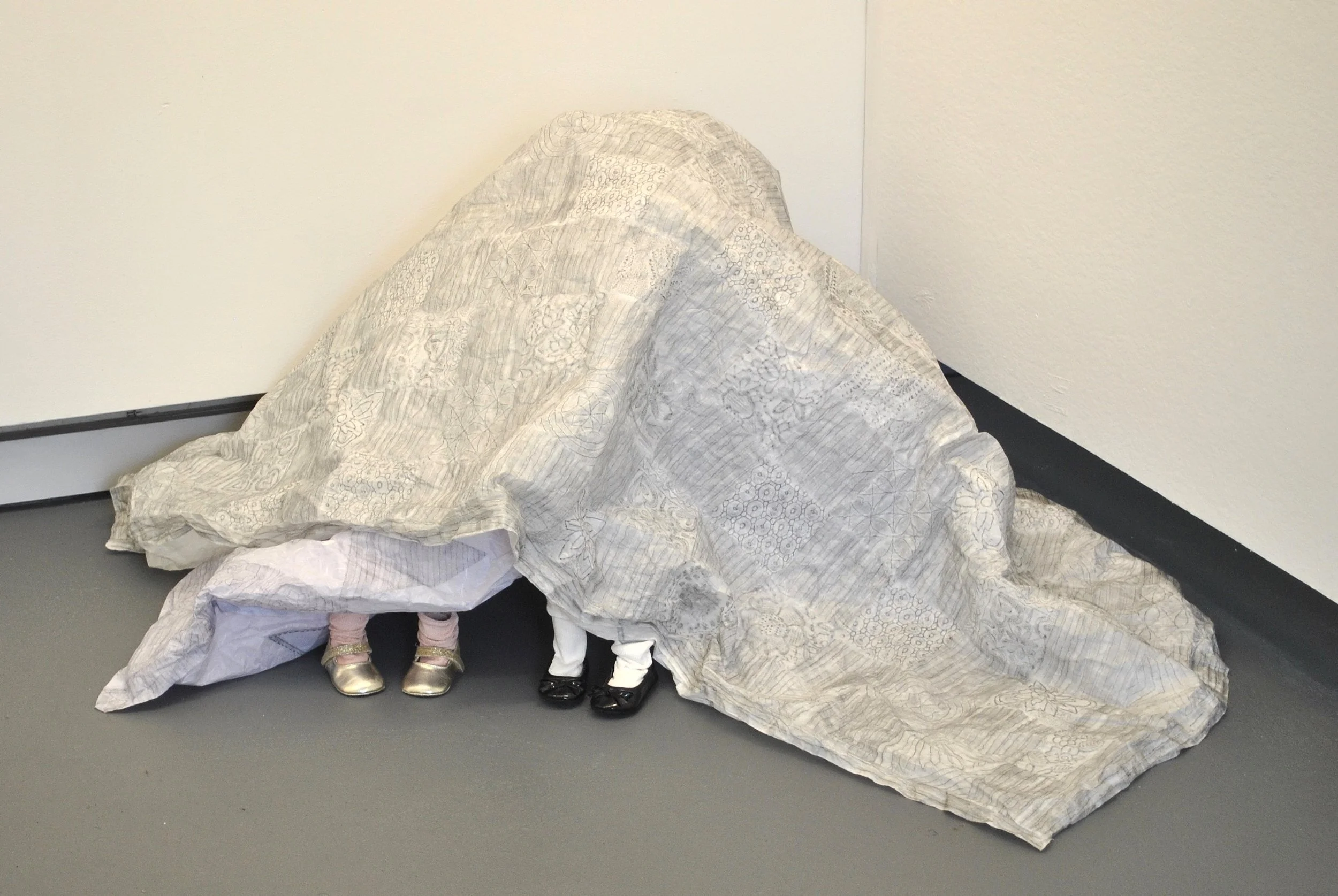 Zara Collins They will never find us 2024 Kozo papers, graphite, porcelain, stain, thread, second-hand children's shoes and chairs Photo: Peter Morgan