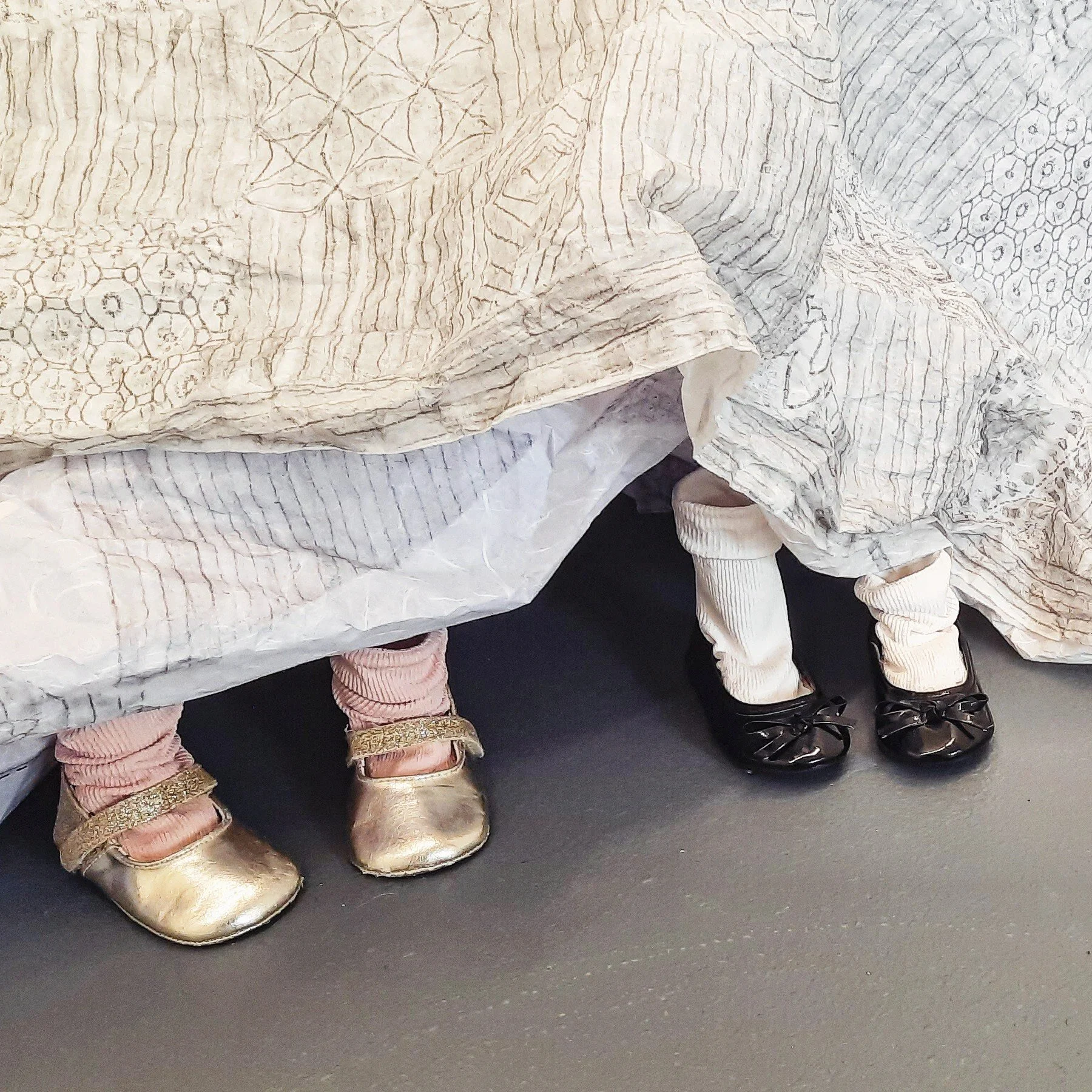 Zara Collins They will never find us (Detail) 2024 Kozo papers, graphite, thread, Porcelain, stain, second-hand children's shoes and chairs Photo: Lisa Sullivan