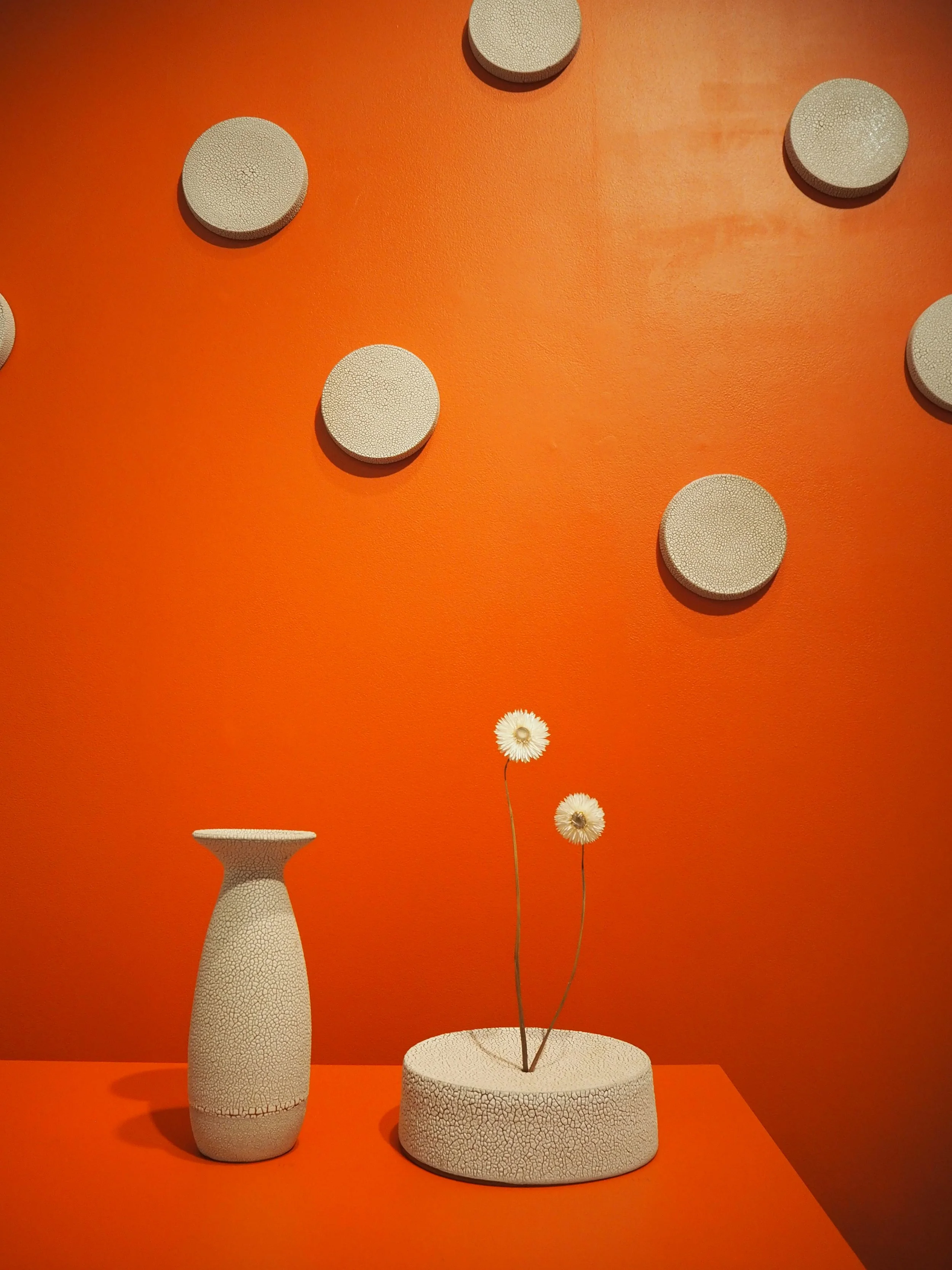 Oliver Carney Installation of Wall Plates and Vessels 2021 red stoneware, handmade glazes Photo: Silversalt