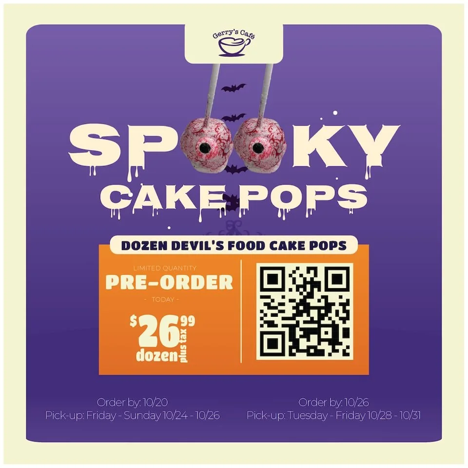 🎃 Get your "Spooky Cake Pops" order in now! 👻🖤 Perfect for a Fall treat or your Halloween bash! Scan the QR Code to order and enjoy in Cafe today!!
#SpookyTreats #HalloweenSnacks #FallFavorites #OctoberTreats #GerrysCafe #Inclusion #Adv