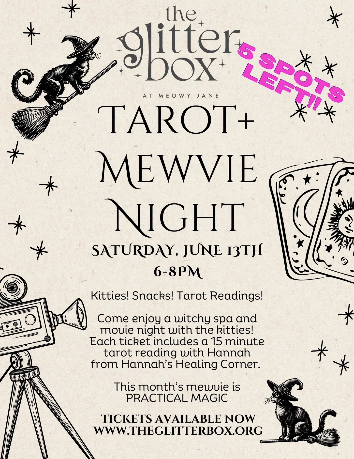 5 spots left for this Saturday movie and tarot reading with the kitties and @hannahshealingcorner !! 
Click the link booking link in @glitterboxlounge bio and go to Saturdays schedule at 6pm to get the tickets! 🎫 🔮✨🌙🐱