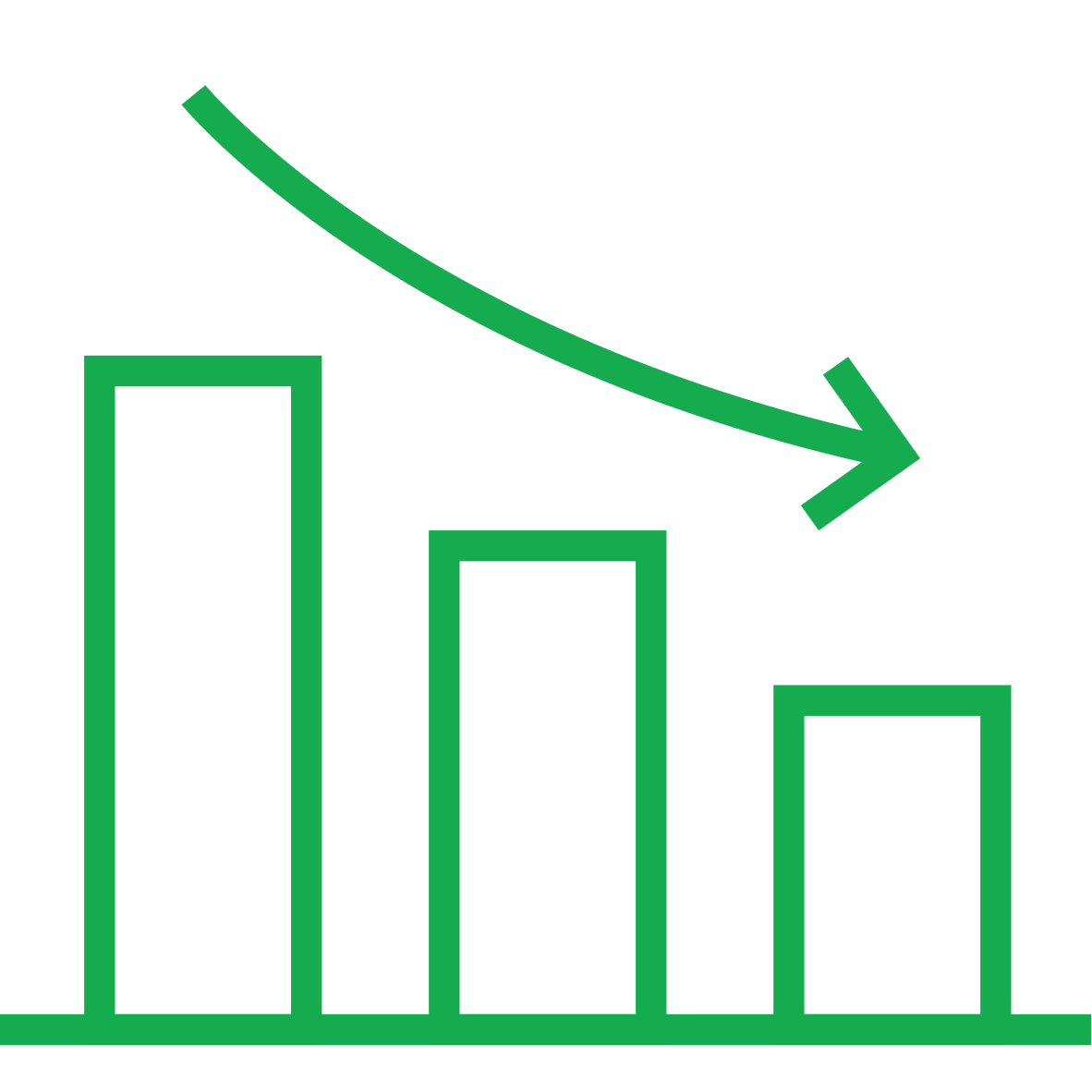A bar graph showing a decreasing trend with four green bars and a downward-sloping arrow.