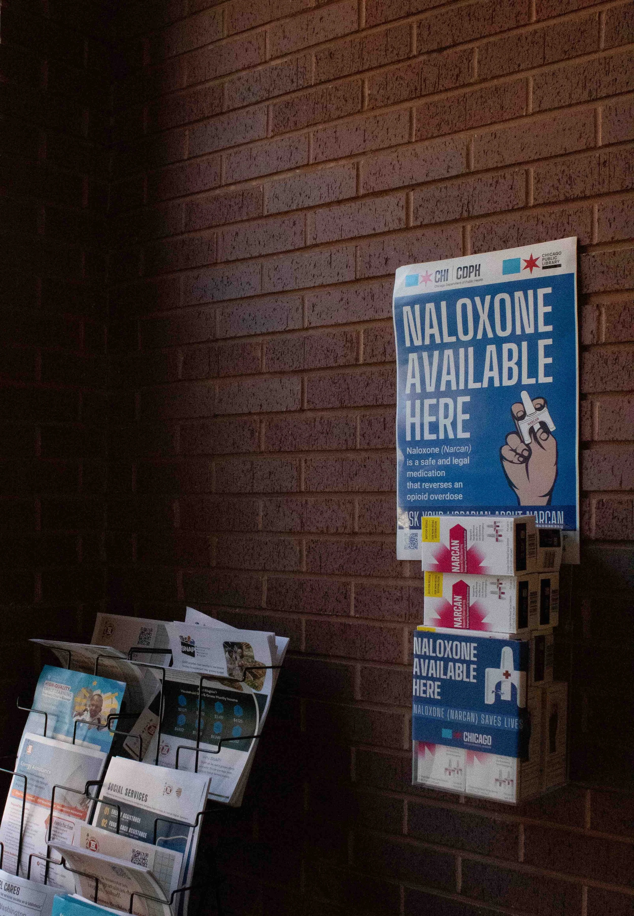 Naloxone distrobution point located in a branch of the Chicago Public Library 