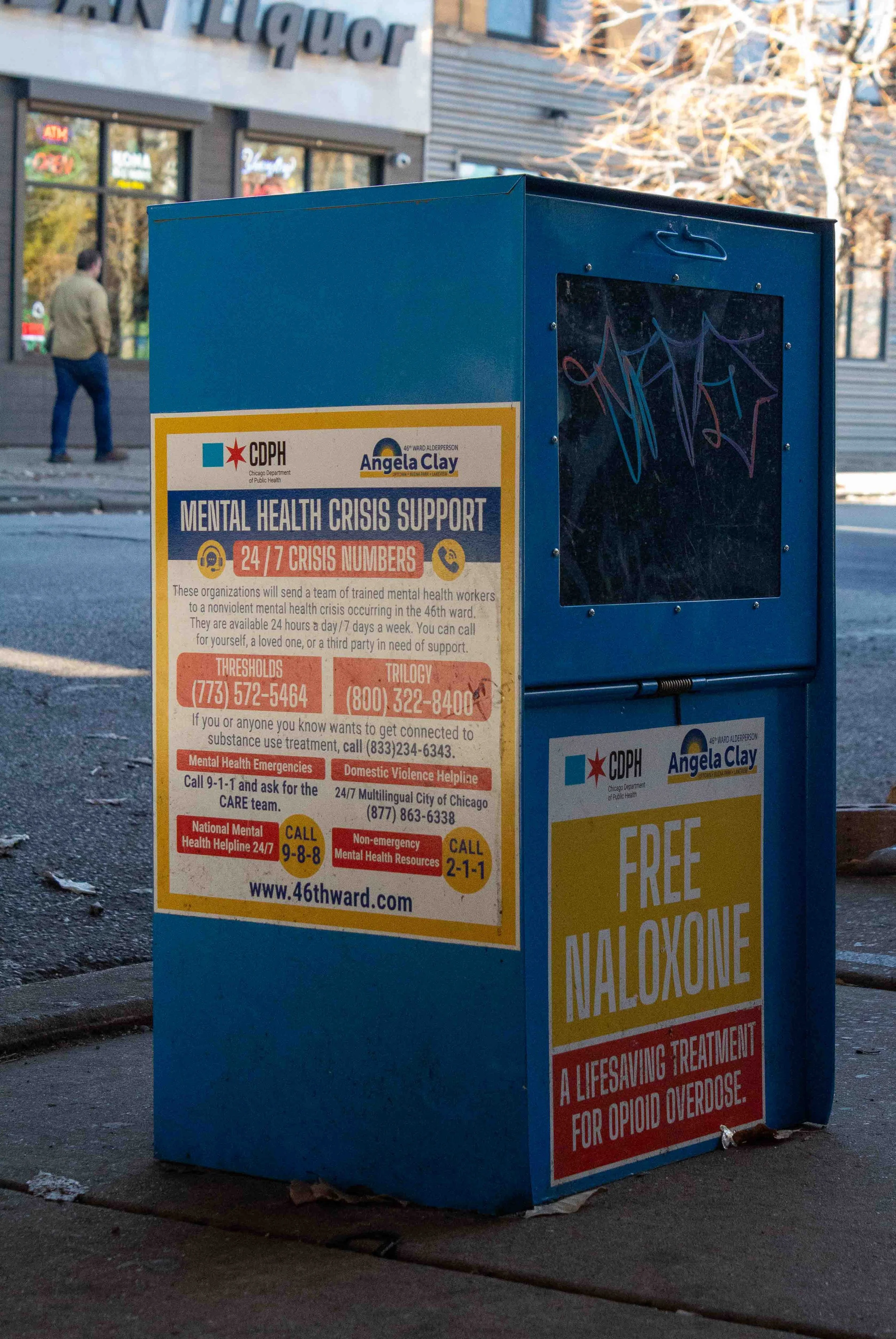 Repurposed newspaper stands used for Naloxone distribution throughout the Uptown neighborhood