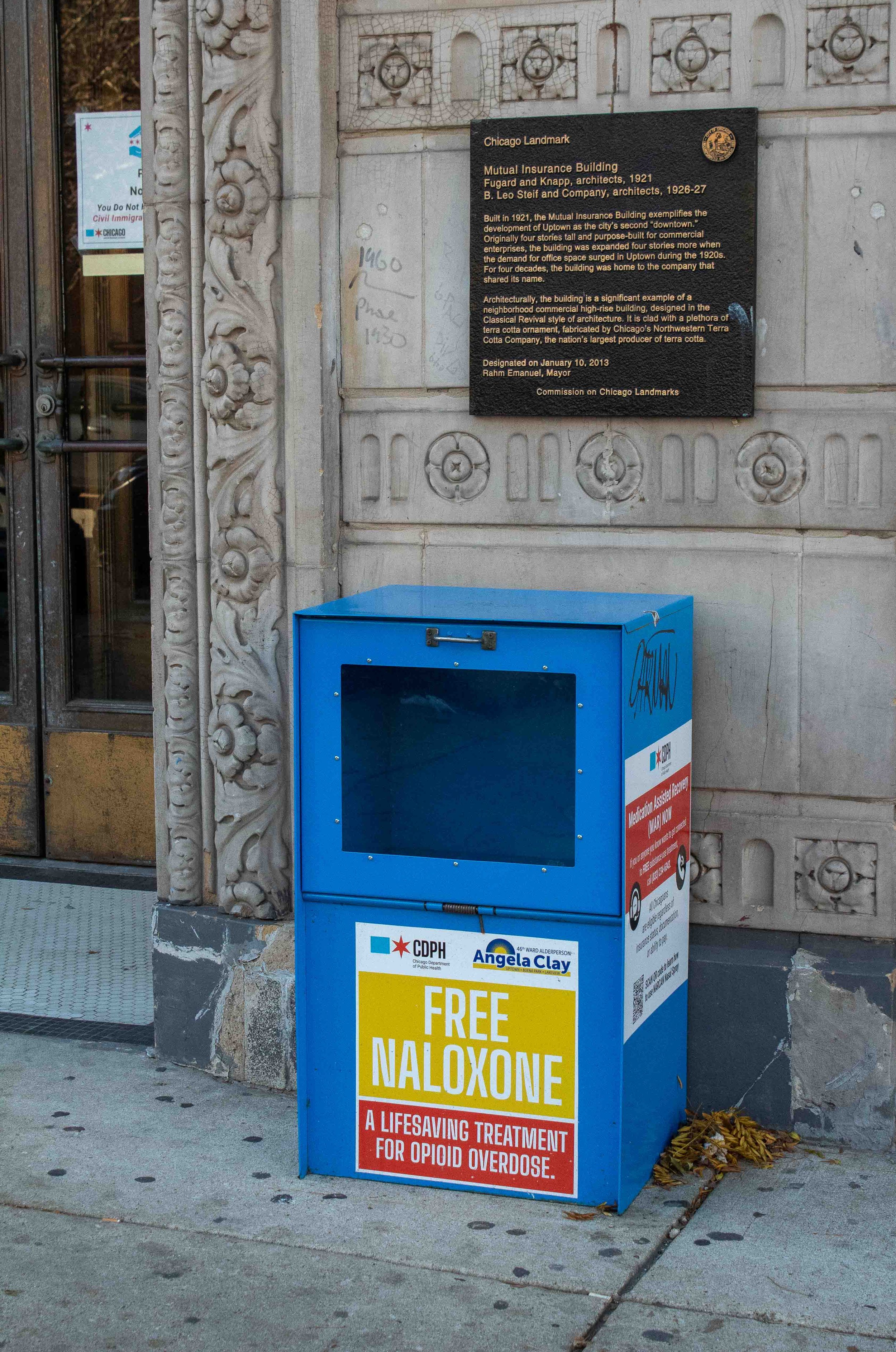Repurposed newspaper stands used for Naloxone distribution throughout the Uptown neighborhood