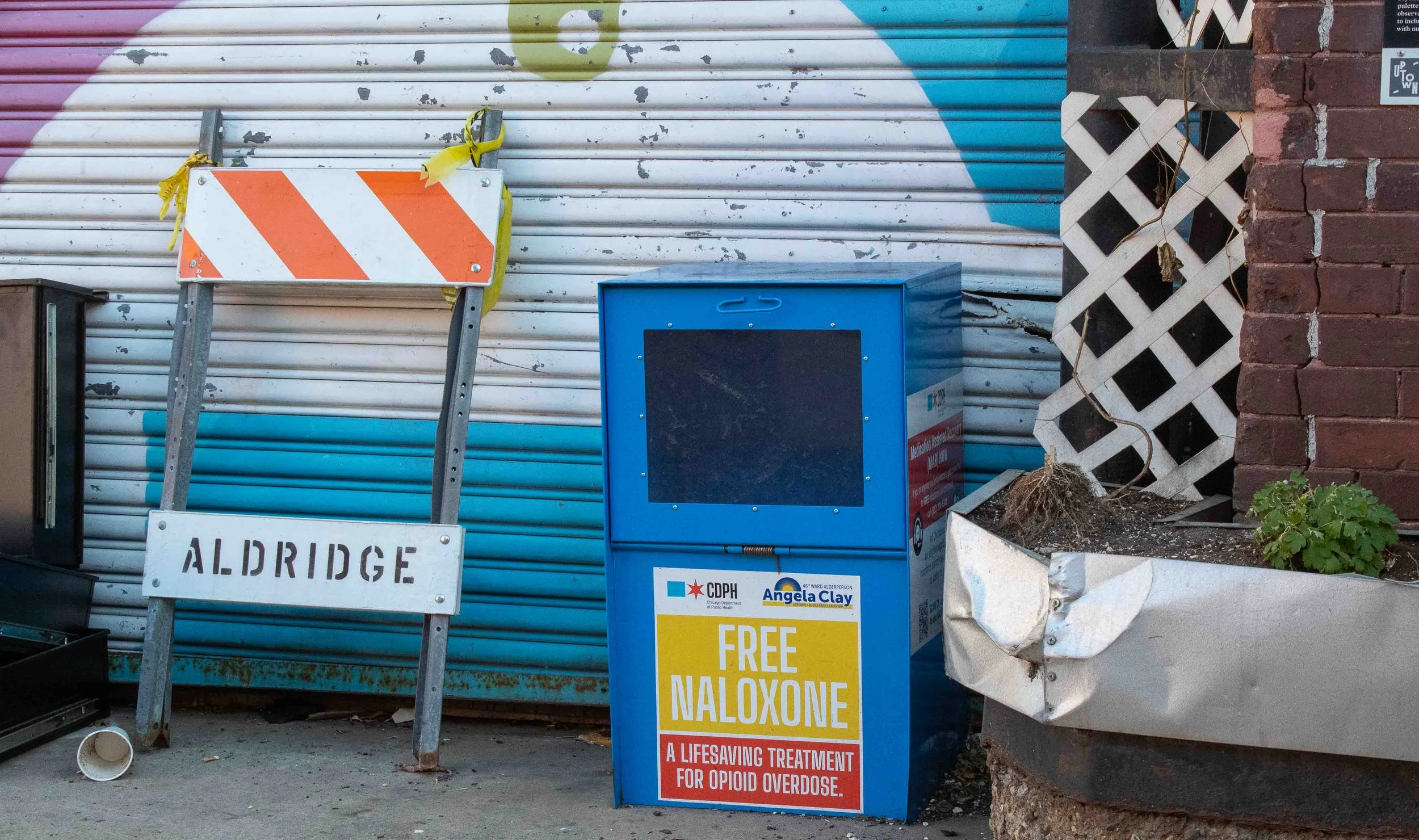 Repurposed newspaper stands used for Naloxone distribution throughout the Uptown neighborhood 