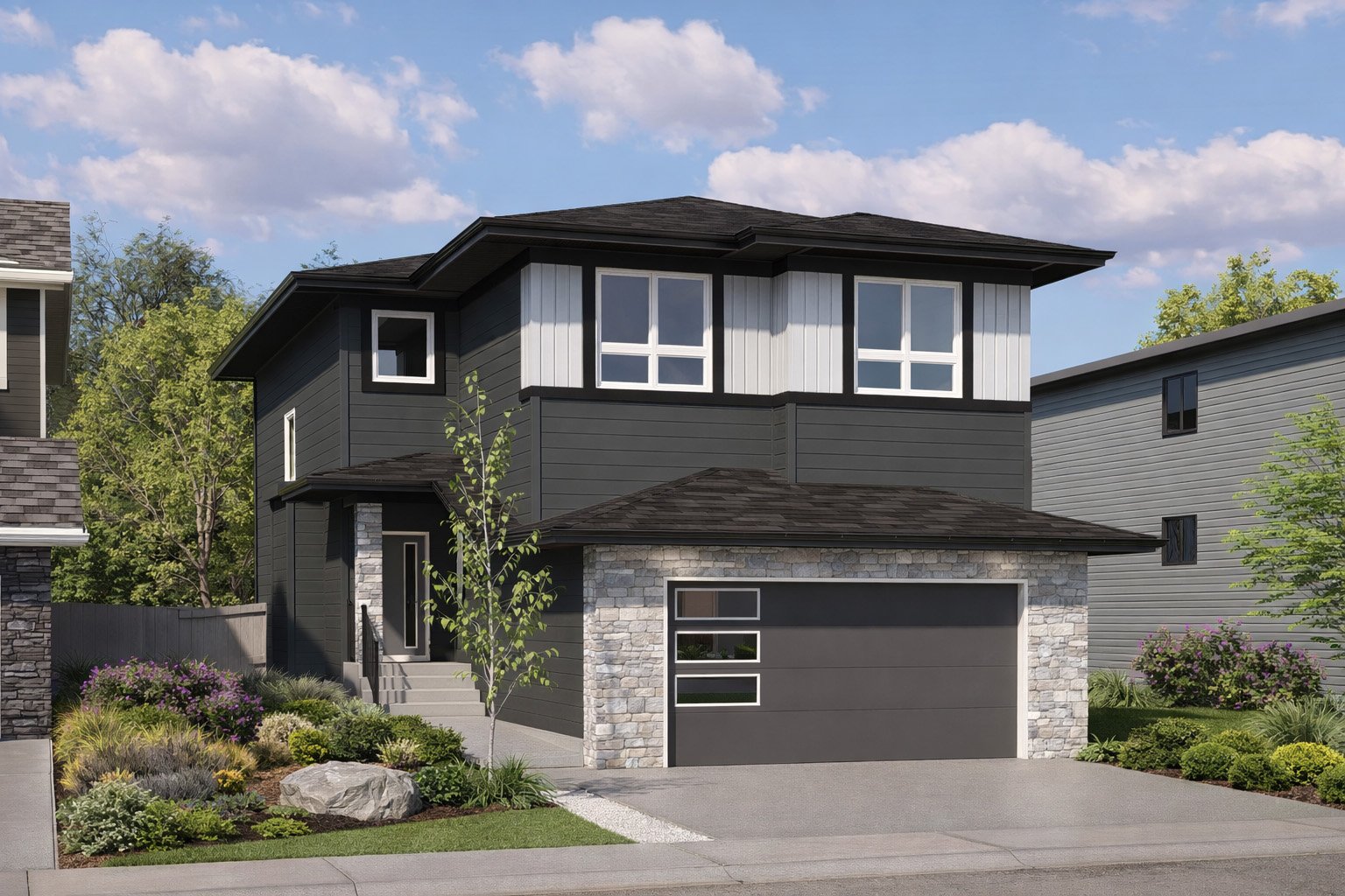 Modern two-story house with dark gray siding and stone accents, front yard with landscaped garden and small trees, and a concrete driveway leading to a garage.
